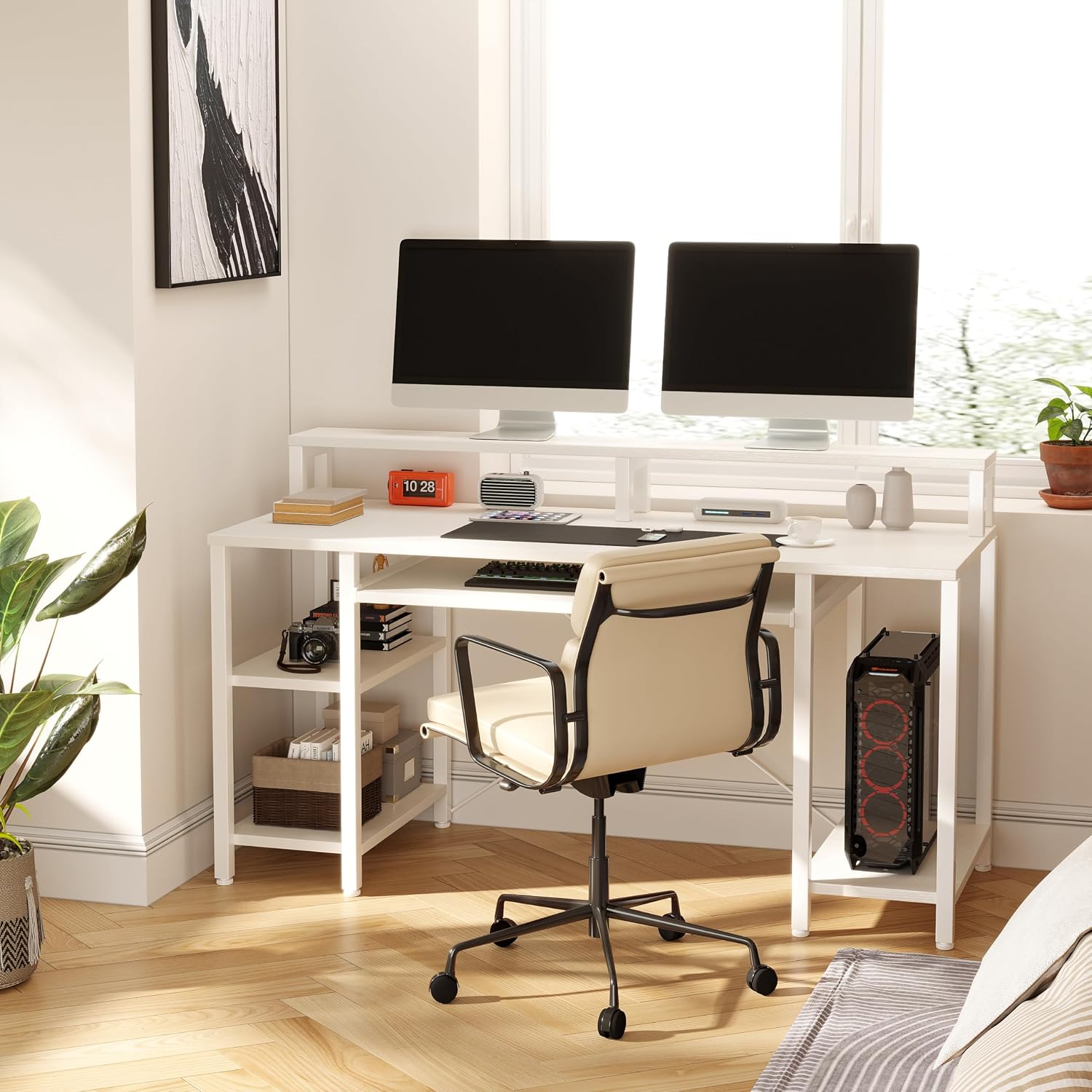 VERMESS 48 Inch Computer Desk, Home Office White With Keyboard Tray, Gaming With Full Monitor Stand, Storage Shelves & CPU Stand, Modern Study Writing Table Studio Work With Shelf