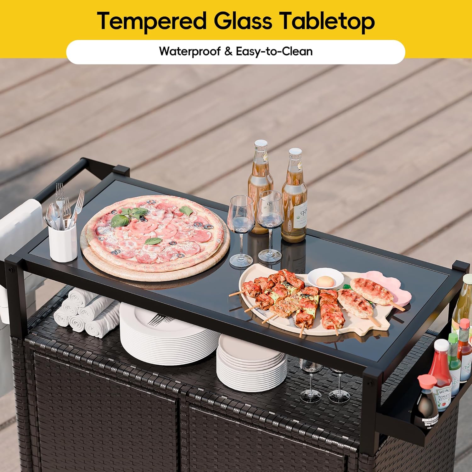 MU Outdoor Bar Cart with Storage and Wheels, Outdoor Bar Table with Tempered Glass Top & Shelf, Rolling Wicker Storage Cabinet with Rounded Handle & Side Basket for Backyard, Poolside, Garden, Black