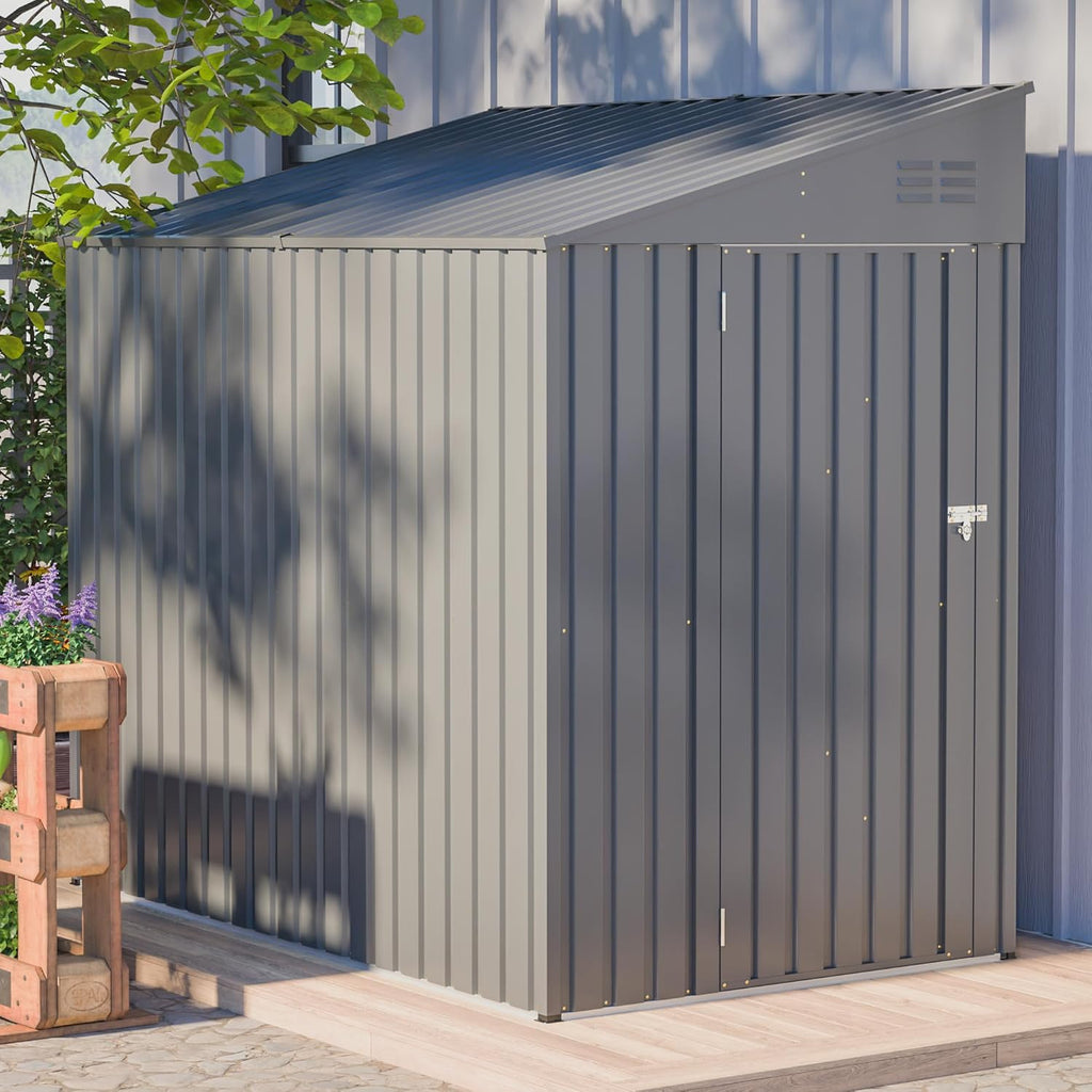 4 × 7 FT Lean to Storage Shed, Outdoor Metal Wall Side Bike Mower Sheds & Outdoor Storage Cabinet, Lockable Tool Organization Shed for Garden Patio