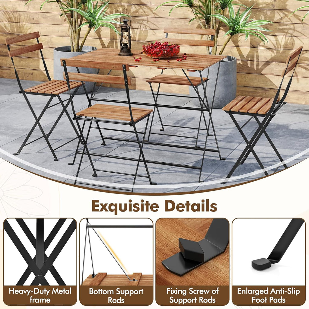 Giantex 5-Piece Outdoor Dining Table Set for 4, Acacia Wood Bistro Table with 4 Folding Patio Chairs, Slatted Seat & Tabletop, Metal Frame, for Yard Porch Garden Poolside (Black + Brown)