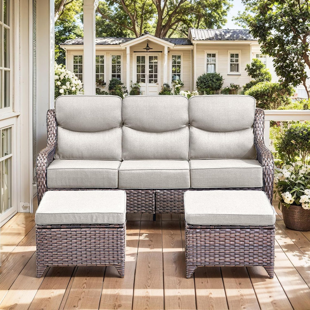 HUMMUH 7 Pieces Wicker Patio Furniture Set with Patio Swivel Chairs Set of 4,High Back Outdoor Sofa Ottomans,6 Inch Thick Cushions Outdoor Conversation Set for Porch, Balcony, Deck