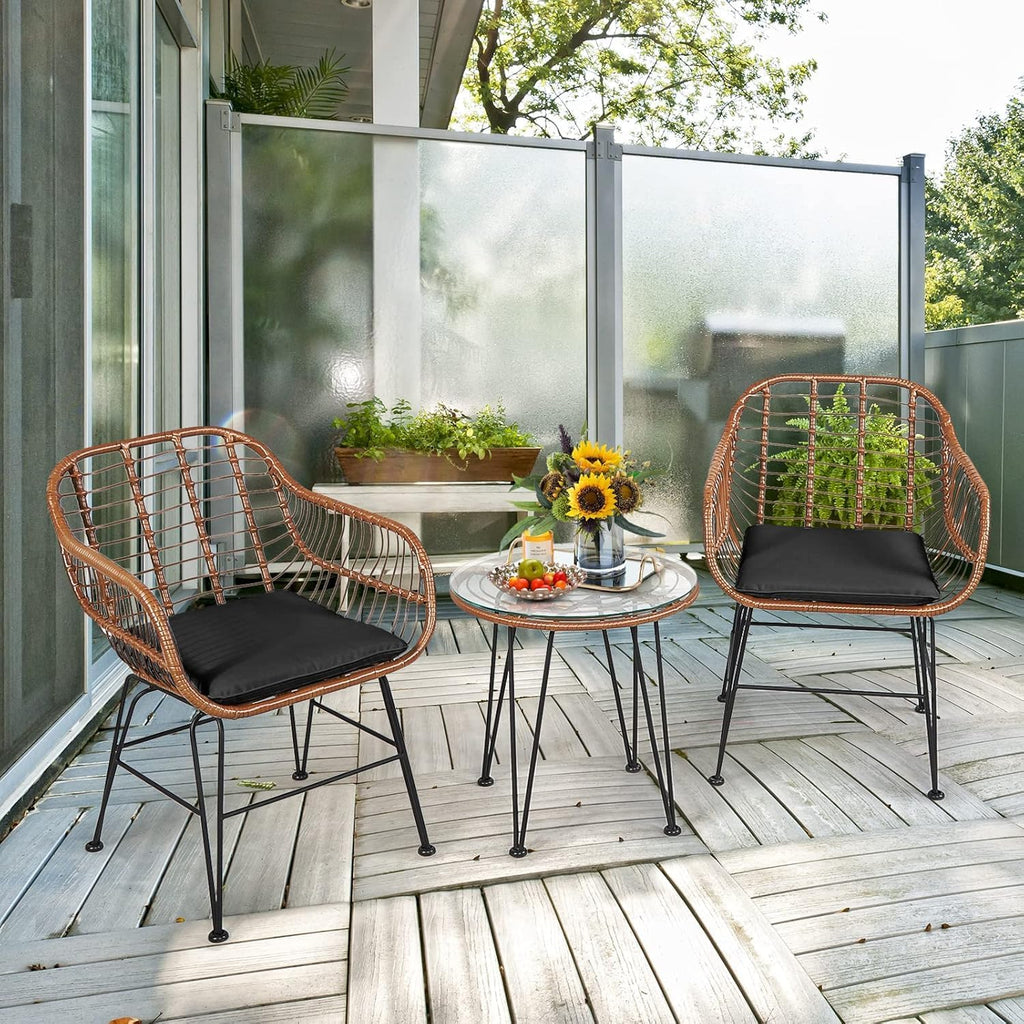 COSTWAY 3 Pieces Patio Bistro Set, Outdoor Rattan Conversation Seating Chair Set with Coffee Table & Soft Cushions, Indoor Wicker Furniture Set for Garden, Balcony, Porch, Pool, Black