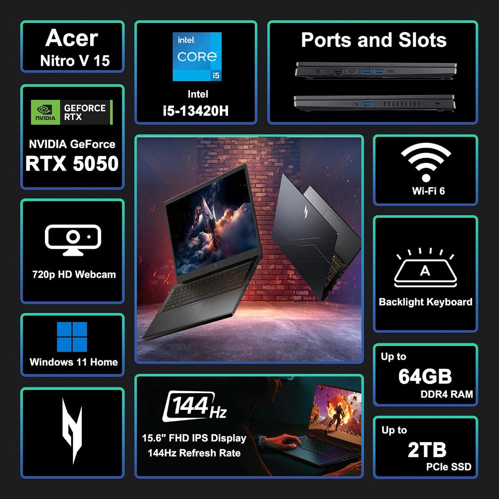 acer Nitro V 15 Gaming Laptop 15.6' FHD IPS 165Hz Intel 8-core i5-13420H 16GB RAM 1TB SSD GeForce RTX 5050 GDDR7 DLSS4 (Up to 440 AI Tops) Backlit Thunderbolt Wi-Fi6 Win11 ICP Hub