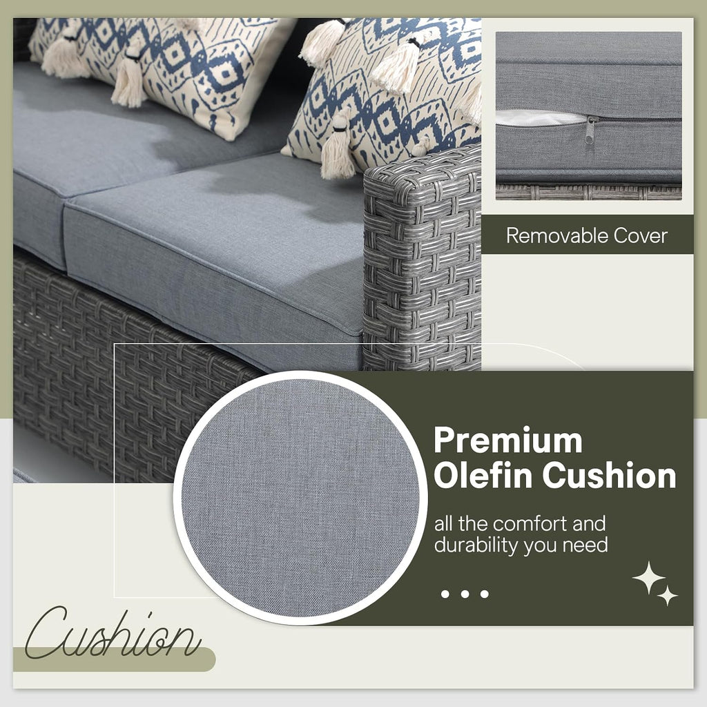 SUNSITT Outdoor Patio Furniture Set 5 Piece Wicker Conversation Set with Lift Coffee Table Sectional Dining Set 3 Seat Sofa Couch with Loveseat, Grey Wicker & Grey Cushion