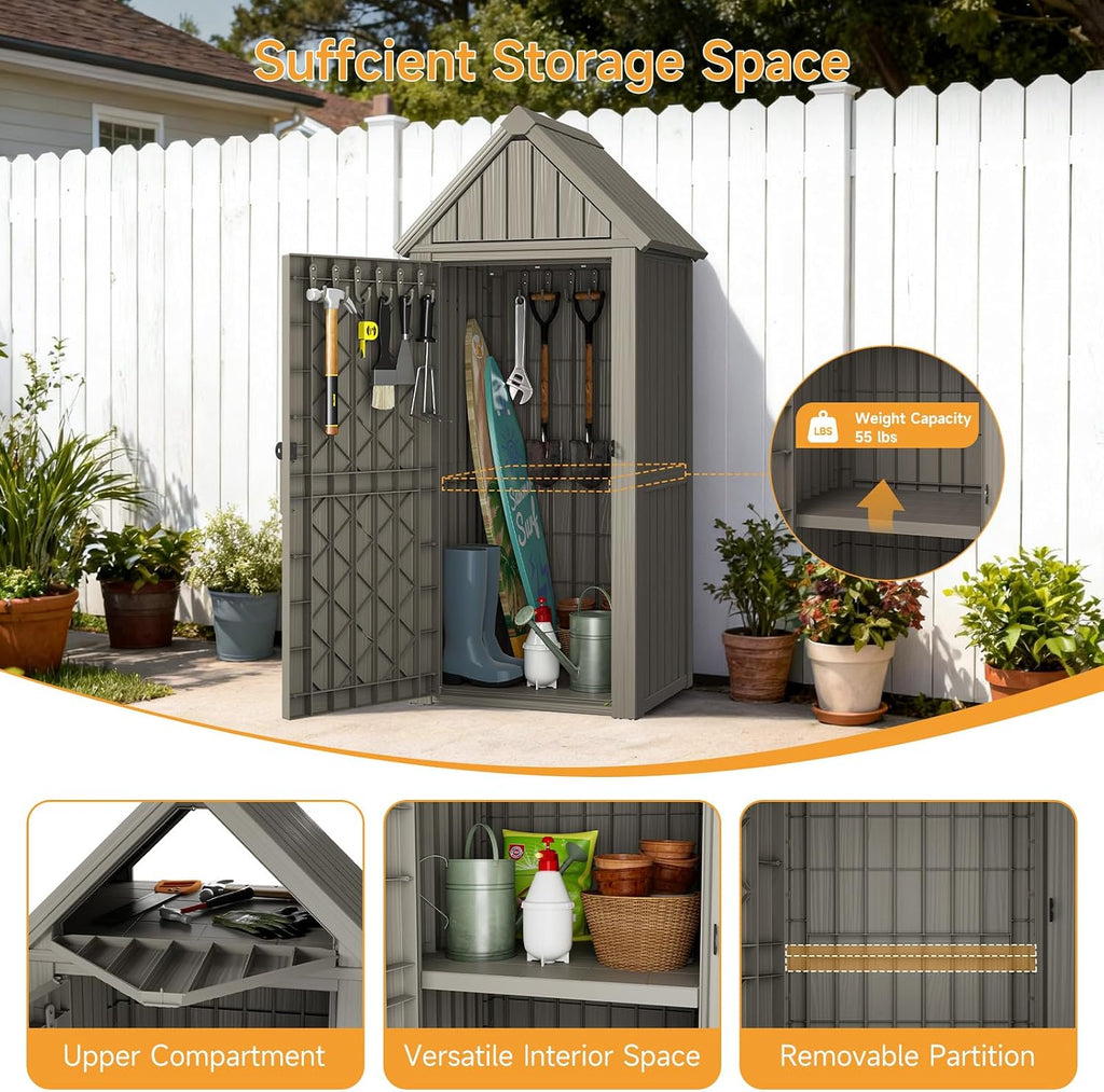 Outdoor Resin Storage Shed, Outdoor Storage Cabinet Waterproof with Hooks and Lock Ring, Multifunctional Storage Shed with Floor and Removable Shelves, All Weather Tool Shed for Patio, Lawn, Brown
