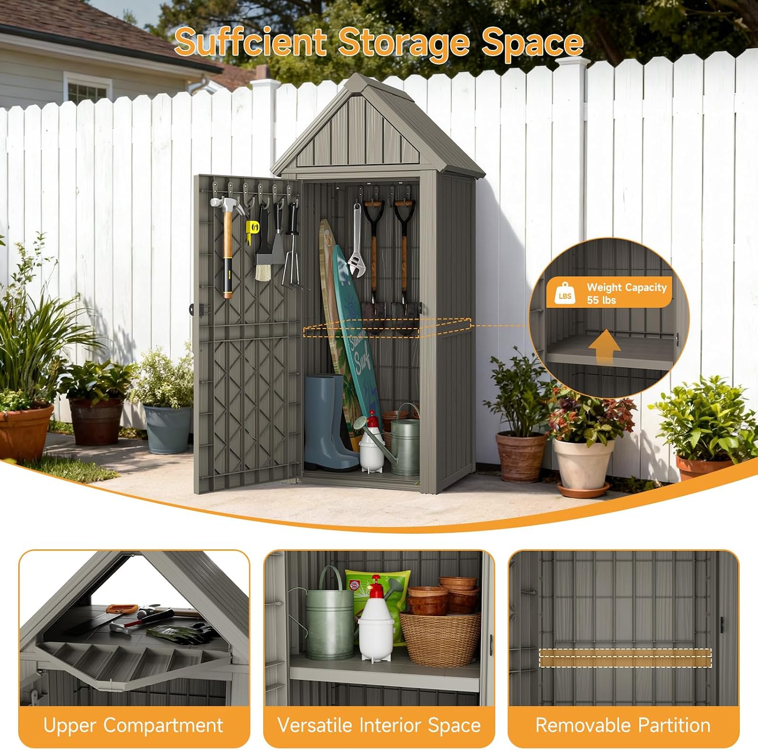 Outdoor Resin Storage Shed, Outdoor Storage Cabinet Waterproof with Hooks and Lock Ring, Multifunctional Storage Shed with Floor and Removable Shelves, All Weather Tool Shed for Patio, Lawn, Brown