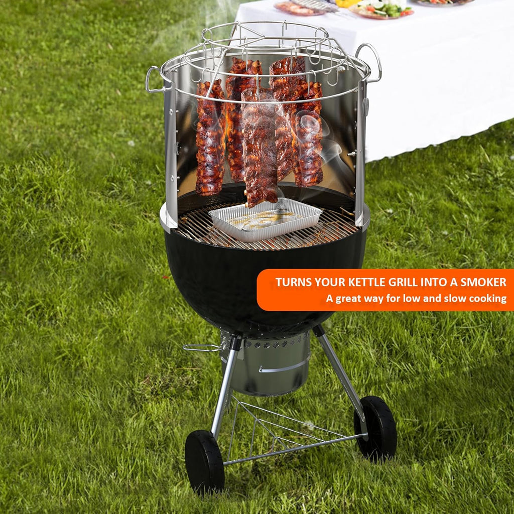 onlyfire Stainless Steel Grill Smoking Kit, Rib Hanging Attachment for Weber 18 inch Kettle Charcoal Grills - Turns Your Kettle into Smoker