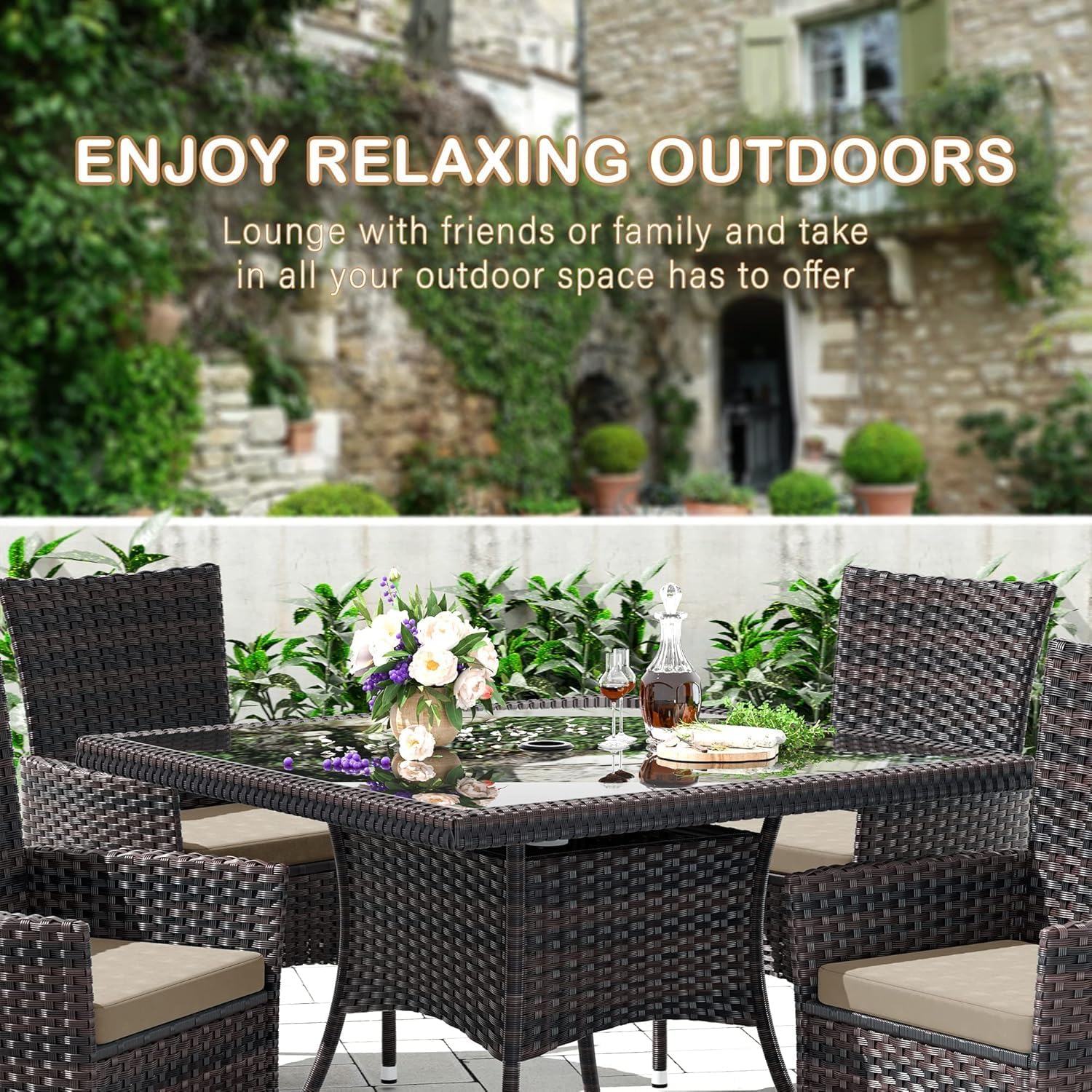 10 Pieces Outdoor Patio Dining Set,Patio Table and Chairs Rattan Outdoor Patio Furniture Set with Umbrella Hole,Dining Table Set for 8 with Chairs for Backyard,Garden and Kitchen,Brown