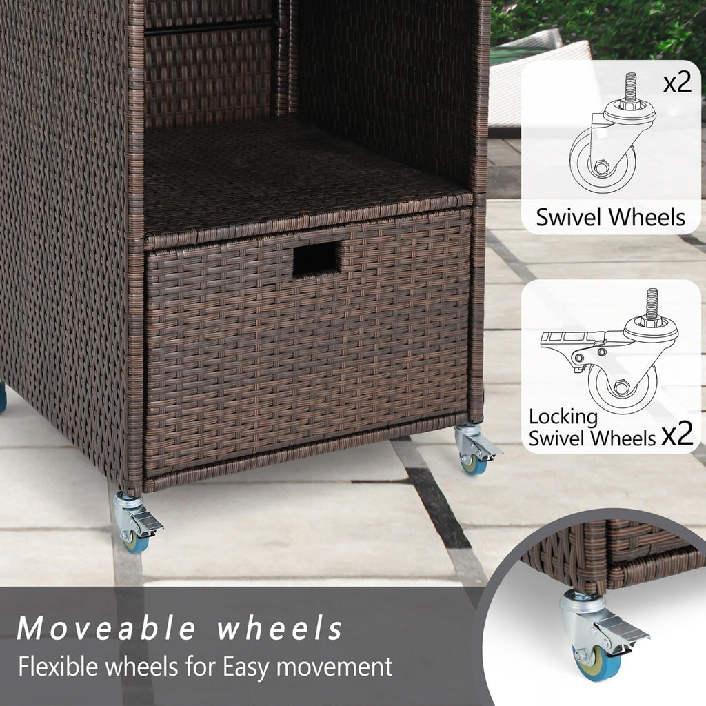 Outdoor Pool Towel Storage Cabinet Organizer Towel Valet Rack with Storage Shelves & Drawer Patio Wicker Pool Towel Holder with Rolling Wheels Poolside Caddy w/Cover for Hot Tub Spa Brown