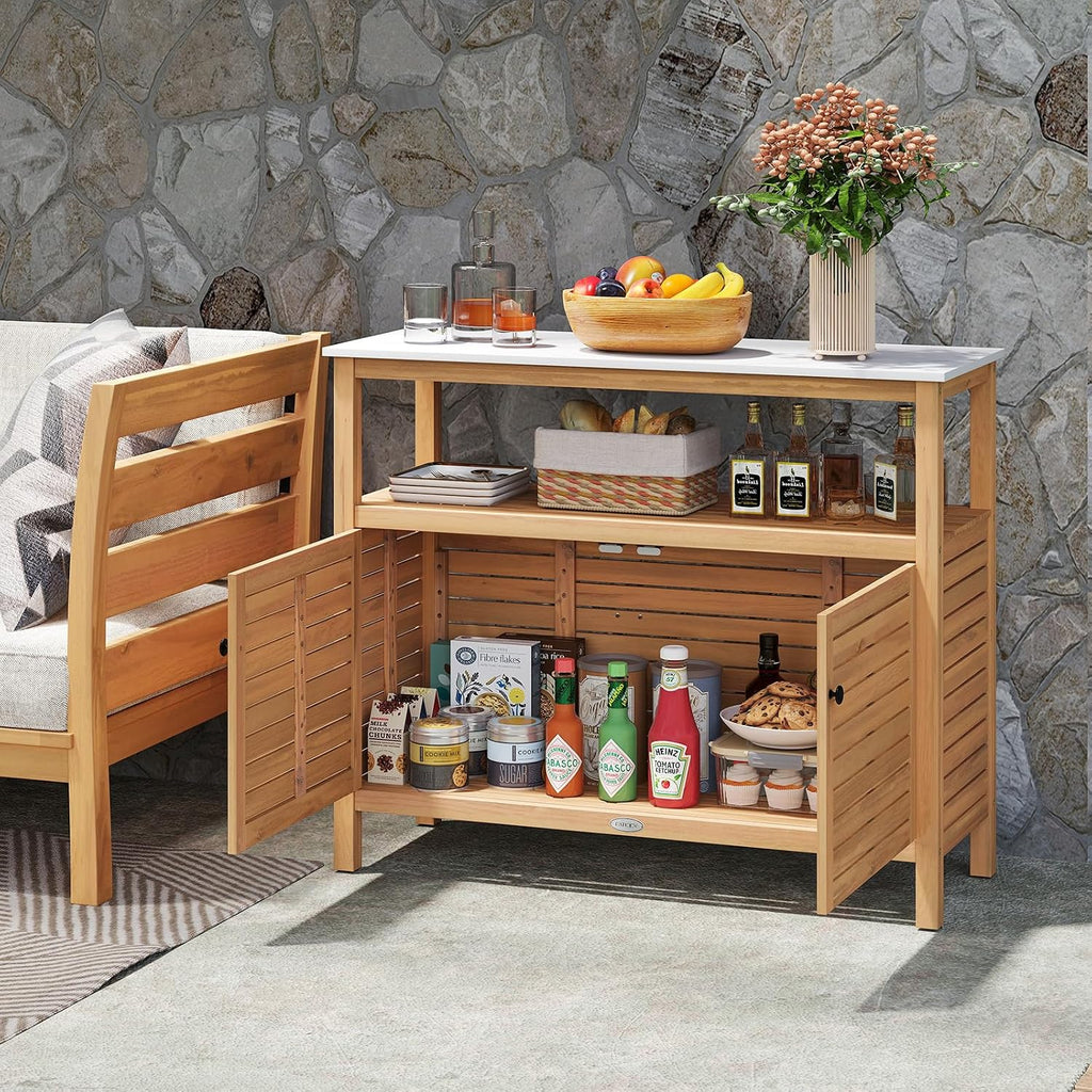 Goplus Patio Storage Cabinet, Outdoor Acacia Wood Buffet Cabinet with Marble-Like Countertop, Open Shelf & 2 Doors, Sideboard Organizer for Outdoor Kitchen, Garden, Backyard