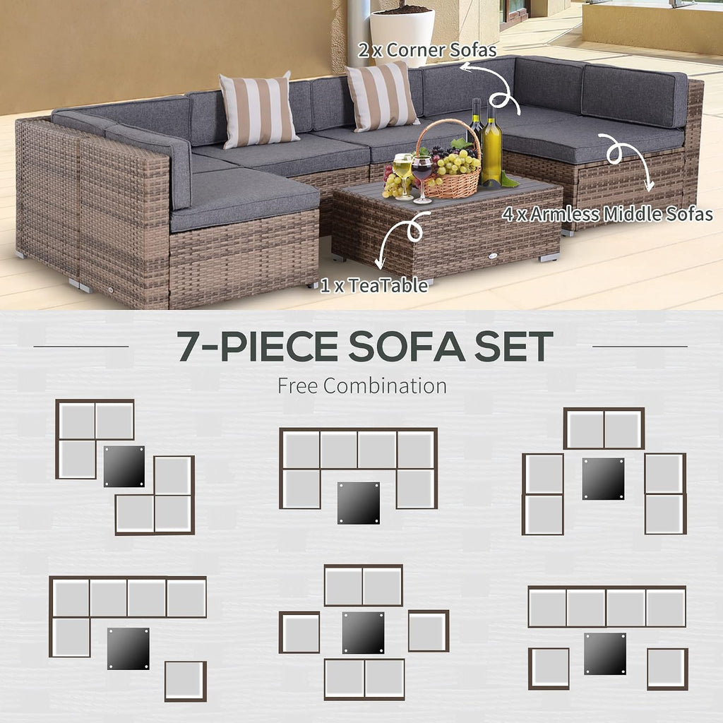 Outsunny 7 Piece Patio Furniture Set, Wicker Outdoor Sectional Sofa Set, All Weather PE Rattan Outdoor Furniture Conversation Sets with Cushions, Faux Wood Coffee Table, Striped Pillows, Gray