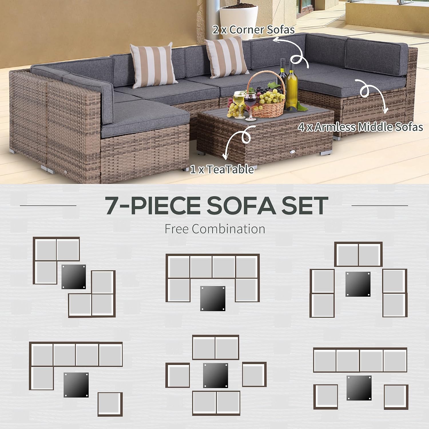 Outsunny 7 Piece Patio Furniture Set, Wicker Outdoor Sectional Sofa Set, All Weather PE Rattan Outdoor Furniture Conversation Sets with Cushions, Faux Wood Coffee Table, Striped Pillows, Gray