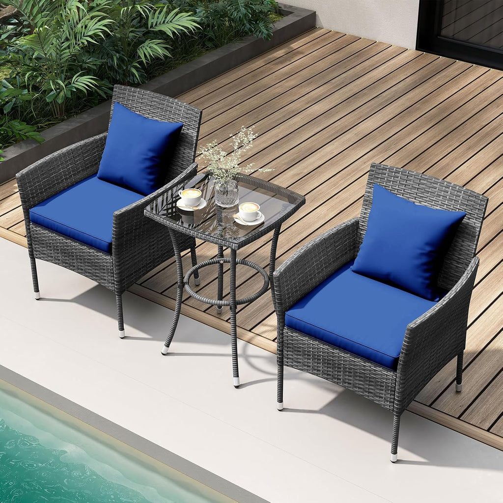 RELAX4LIFE 3-Piece Patio Furniture Set - Rattan Wicker Outdoor Furniture w/Cushions & Tempered Glass Coffee Table, Small Conversation Bistro Table and Chairs Set of 2 for Garden Porch Balcony (Navy)