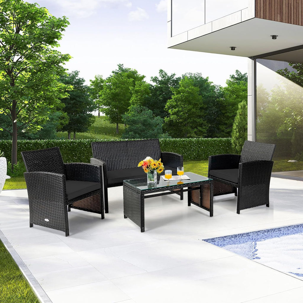 Tangkula 4 Pieces Rattan Furniture Set, Outdoor Conversation Set w/Chair & Loveseat & Tempered Glass Coffee Table, Suitable for Garden, Backyard, Poolside, Patio Furniture Set for 4 (1, Black)