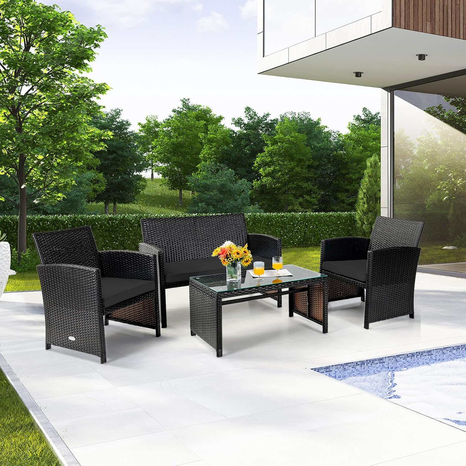 Tangkula 4 Pieces Rattan Furniture Set, Outdoor Conversation Set w/Chair & Loveseat & Tempered Glass Coffee Table, Suitable for Garden, Backyard, Poolside, Patio Furniture Set for 4 (1, Black)