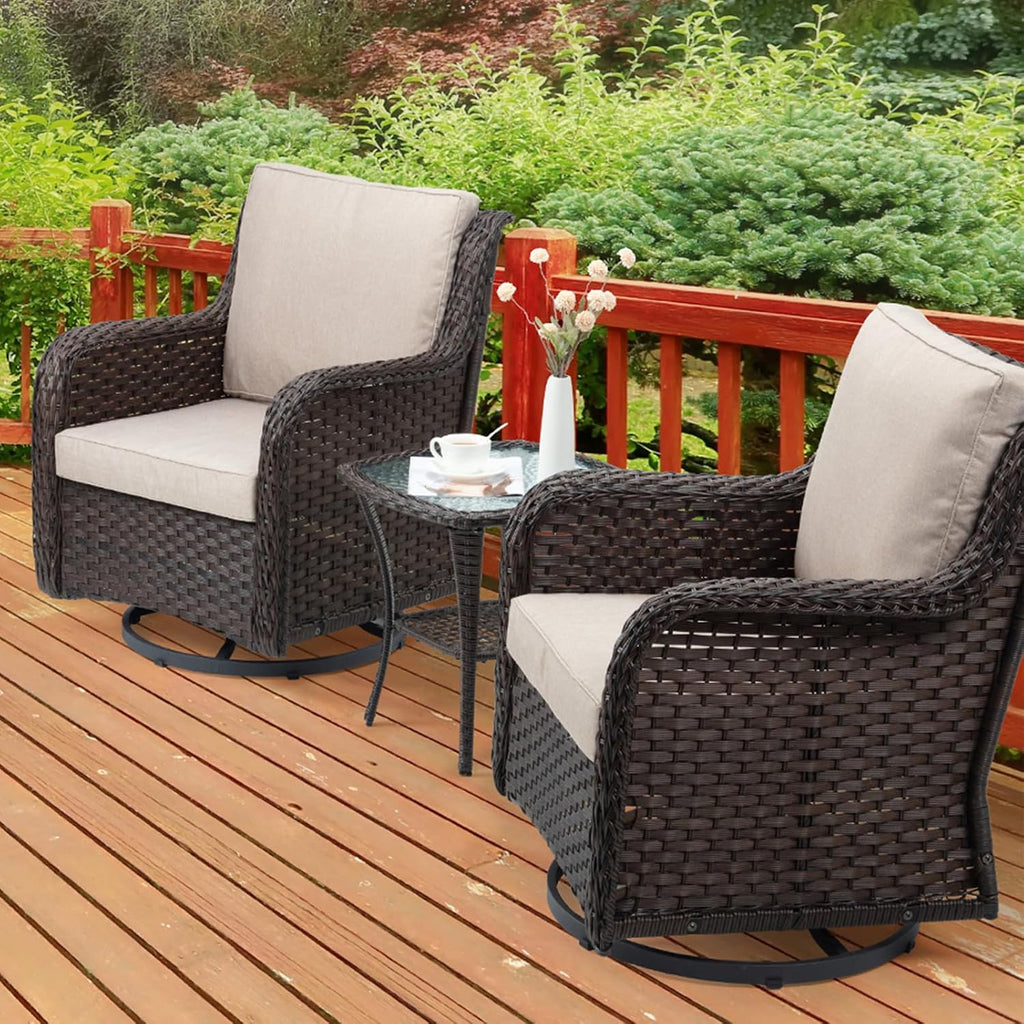 GarveeLife 3 Pieces Outdoor Swivel Chair Set, Upgraded Encrypted Rattan Wicker Swivel Rocker Patio Chairs, Thick Cushion and Side Table for Balcony, Porch, Backyard, Garden, Beige