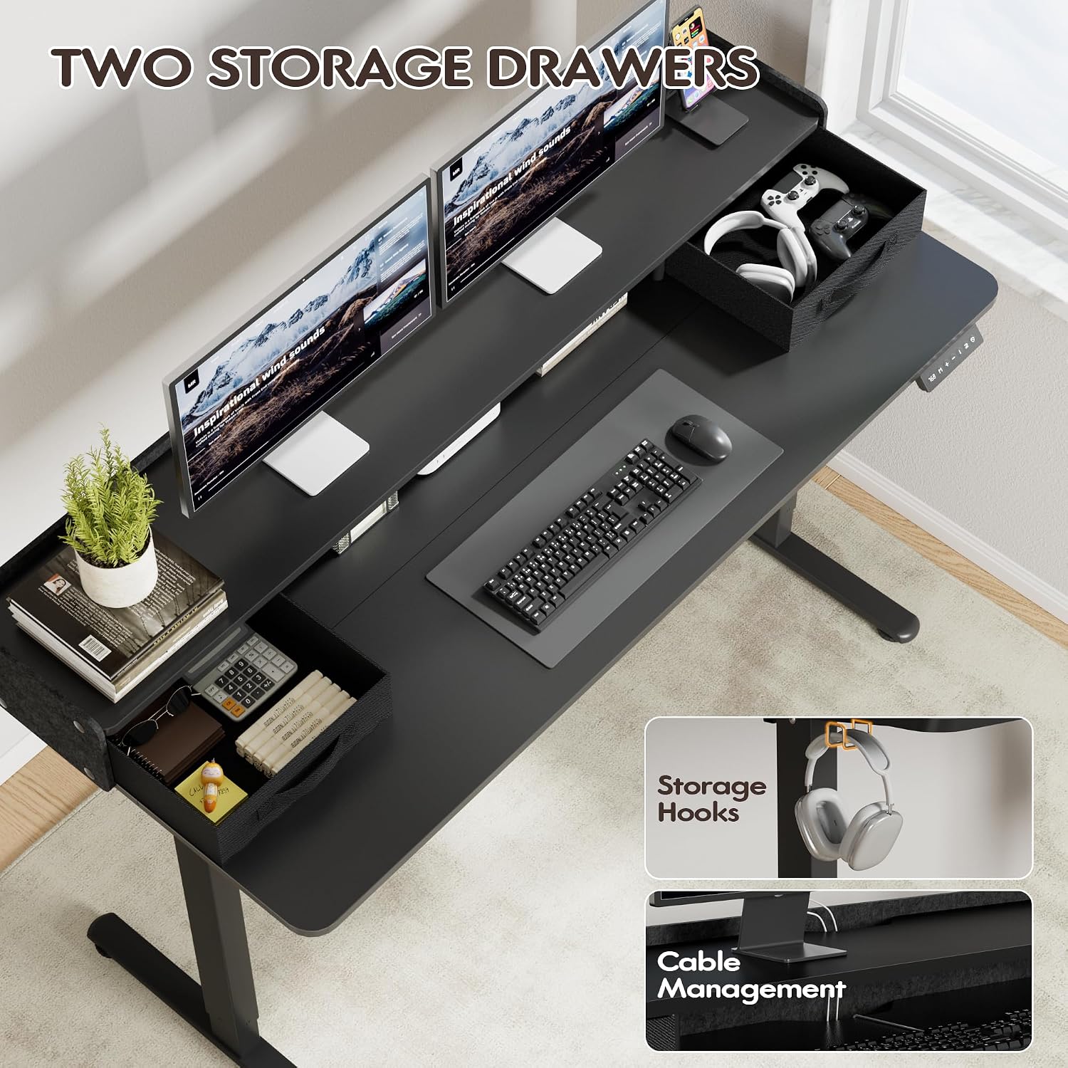 Furmax Electric Standing Desk with Drawers, Stand Up Desk with Storage Shelf Height Adjustable Computer Desk with Organizer for Home Office Ergonomic (Black, 55 Inch)