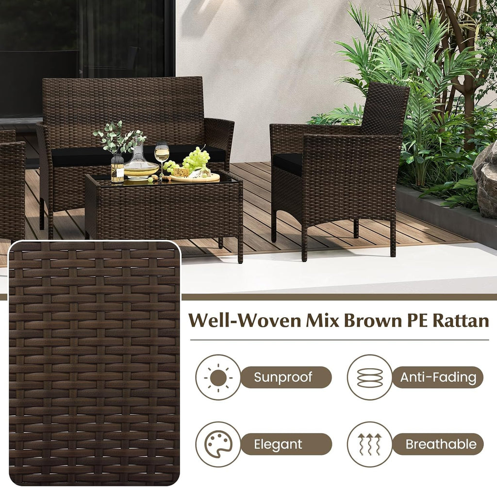 Tangkula 8 Piece Patio Rattan Conversation Set, Outdoor Wicker Furniture Set with Chair, Loveseat & Tempered Glass Table, Cozy Seat Cushions, Outside Sectional Sofa Set for Backyard, Porch (1,Black)