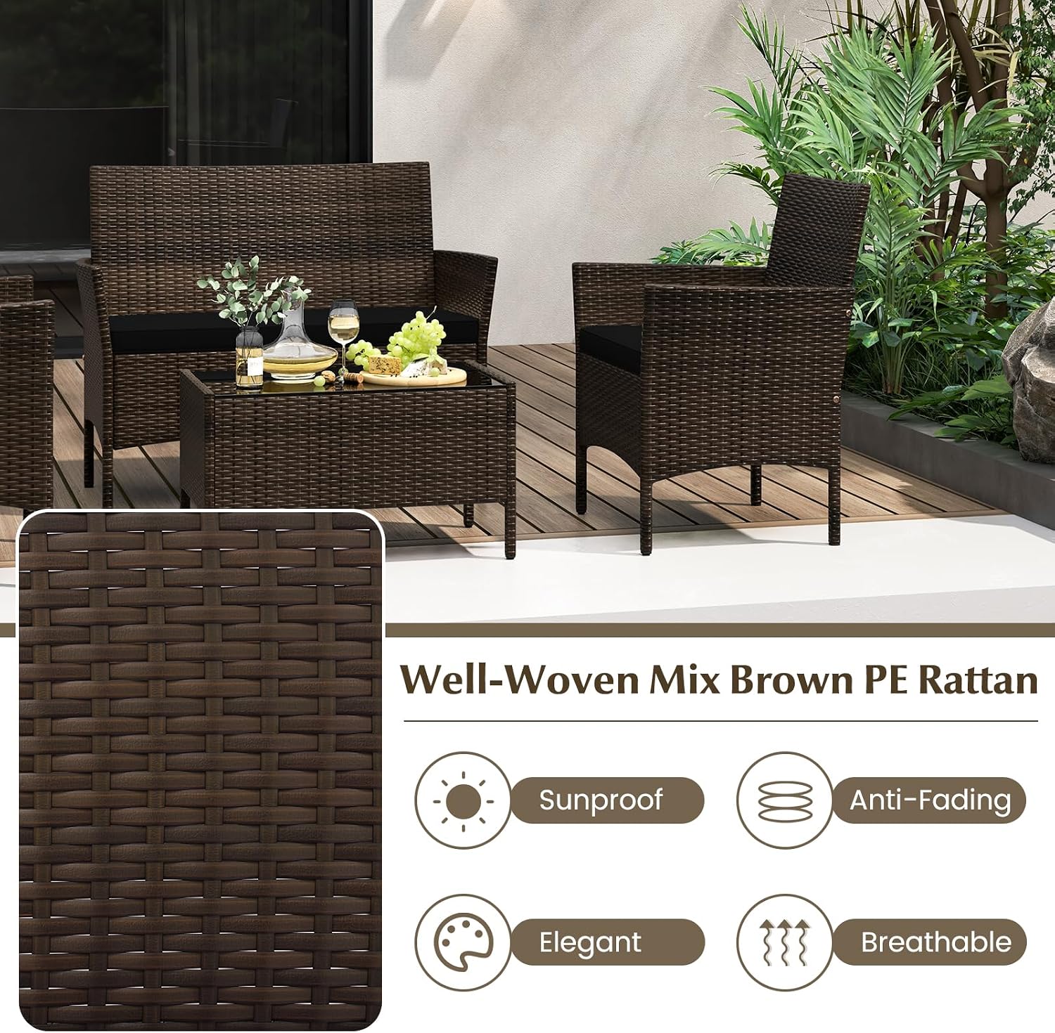Tangkula 8 Piece Patio Rattan Conversation Set, Outdoor Wicker Furniture Set with Chair, Loveseat & Tempered Glass Table, Cozy Seat Cushions, Outside Sectional Sofa Set for Backyard, Porch (1,Black)