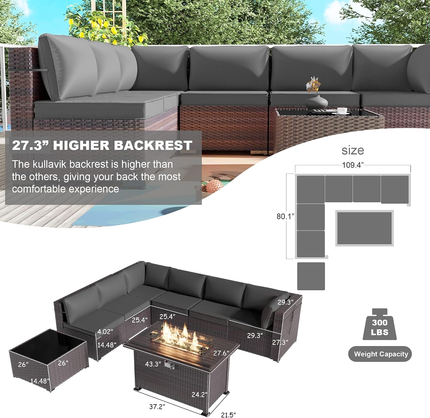 Kullavik 8 Pieces Outdoor Patio Furniture Set,Sectional Sofa Set with 43' 55000 BTU Gas Propane Fire Pit Table,Brown PE Rattan Wicker Patio Conversation Set,Grey