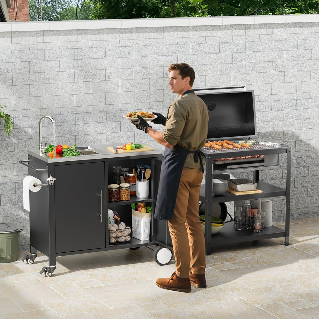 Outdoor Grill Table with Sink, Grill Cart with 304 Stainless Steel Sink and Cabinet, Outdoor Grill Cart,Outdoor Cart Sink Station with Wheels, 38in x 18in x 35in