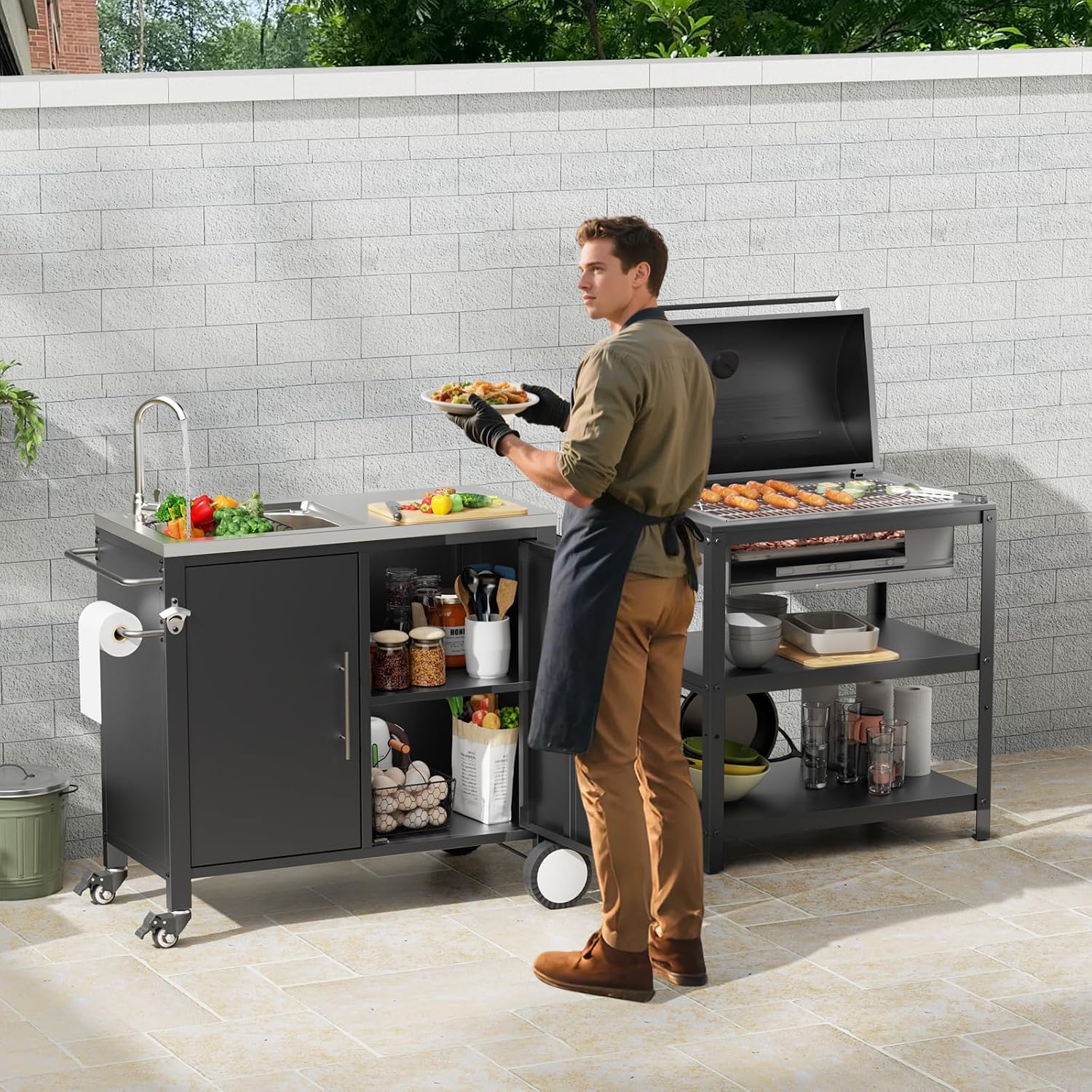 Outdoor Grill Table with Sink, Grill Cart with 304 Stainless Steel Sink and Cabinet, Outdoor Grill Cart,Outdoor Cart Sink Station with Wheels, 38in x 18in x 35in