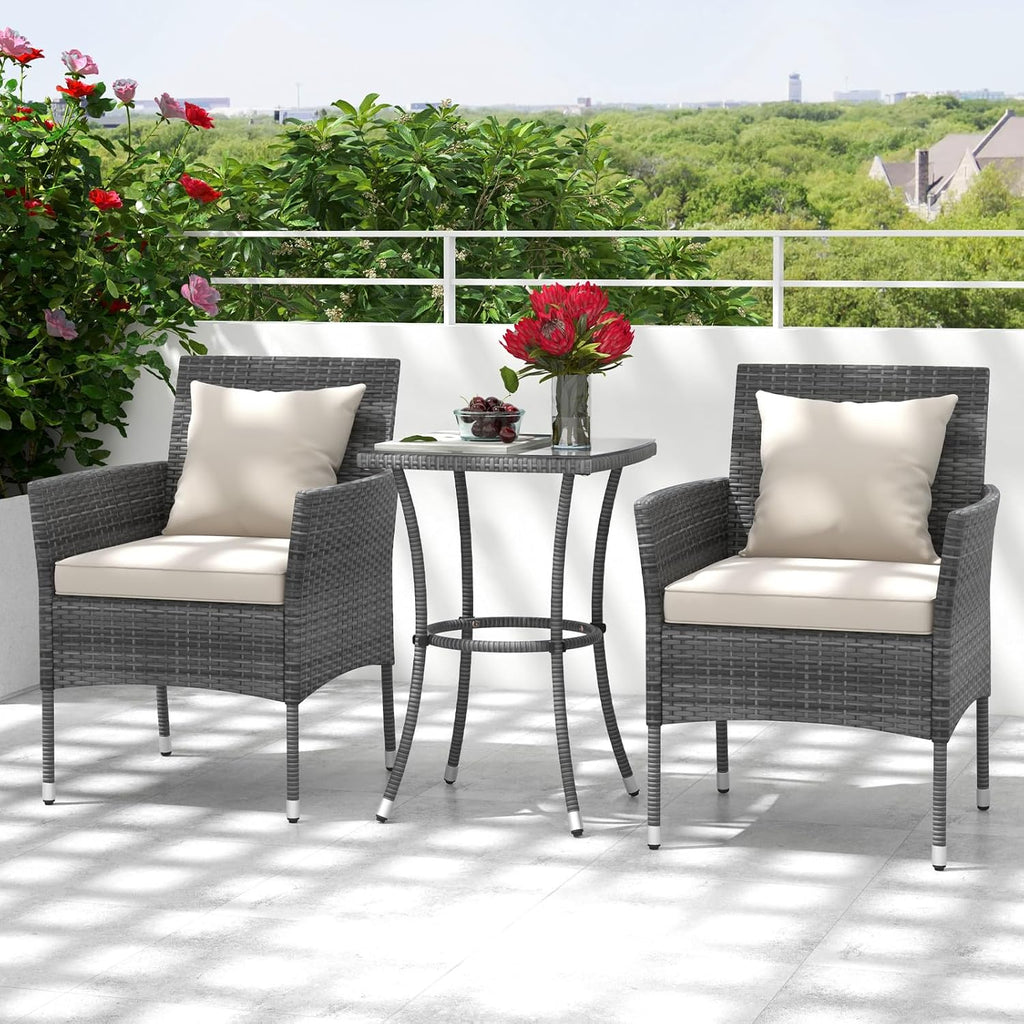 RELAX4LIFE 3-Piece Patio Furniture Set - Rattan Wicker Outdoor Furniture w/Cushions & Tempered Glass Coffee Table, Small Conversation Bistro Table and Chairs Set of 2 for Garden Porch Balcony (Beige)