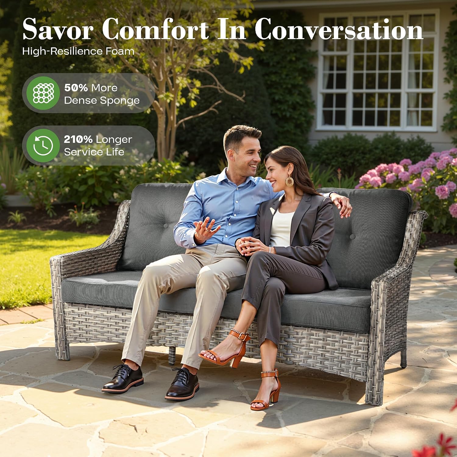 ovios Outdoor 5 Piece Patio Furniture with Fire Pit Table,Wicker Coversation Set with Swivel Rocking Chair,Comfy Sectional Deep Sofa for Outside Porch Balcony Backyard Pool,Black