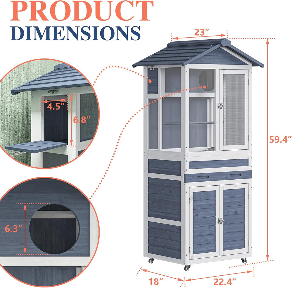 59' H Wooden Outdoor Bird Aviary on Wheels, Bird Cage with Storage & Pull-Out Tray for Small Birds, Finches, Parrots, Indoor Bird Cages with Feeder, Easy to Clean, Grey