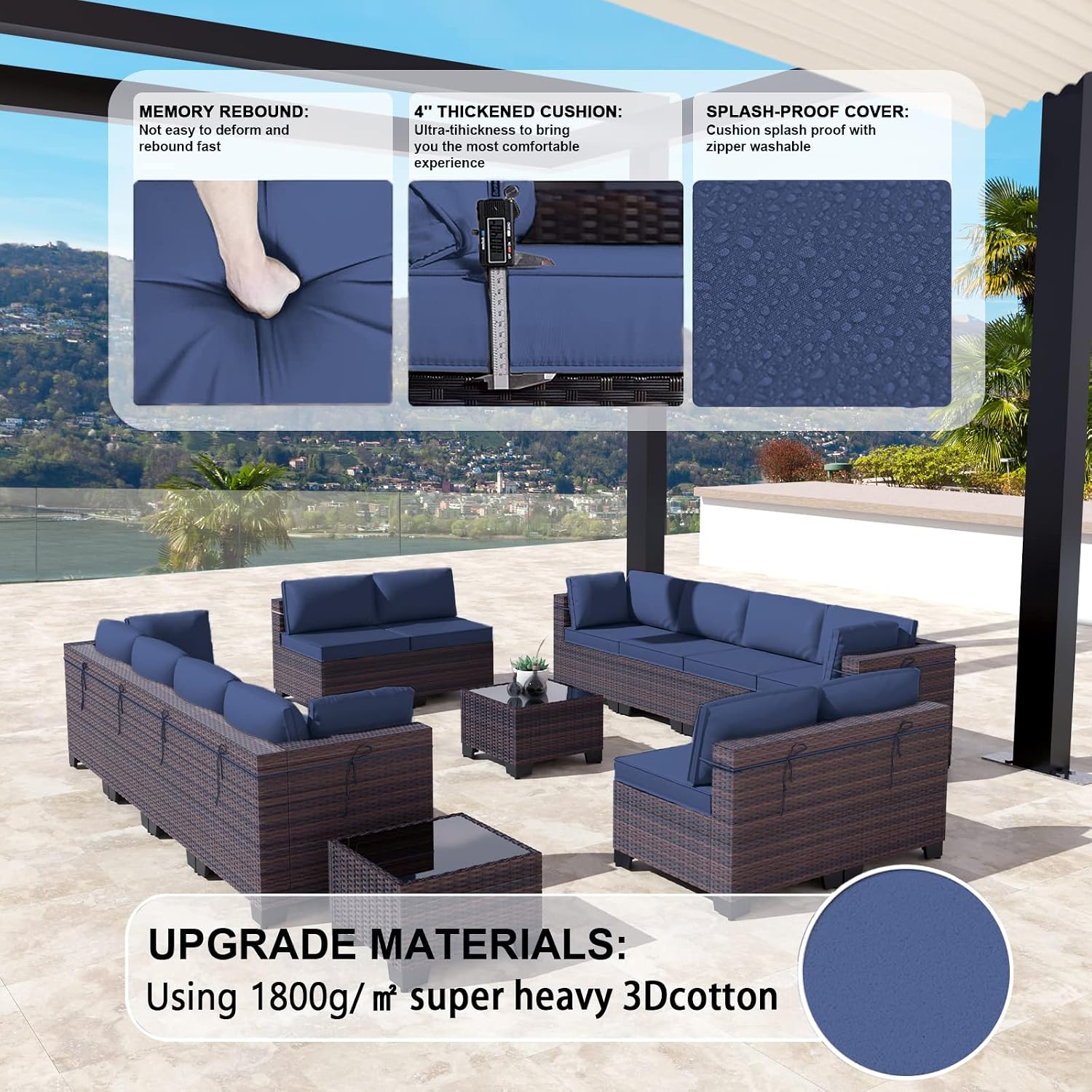 Kullavik 14 Pieces Outdoor Patio Furniture Set,Sectional Rattan Sofa Set Brown PE Rattan Wicker Patio Conversation Set with Tempered Glass Coffee Tables and Washable Cushions Covers,Navy Blue