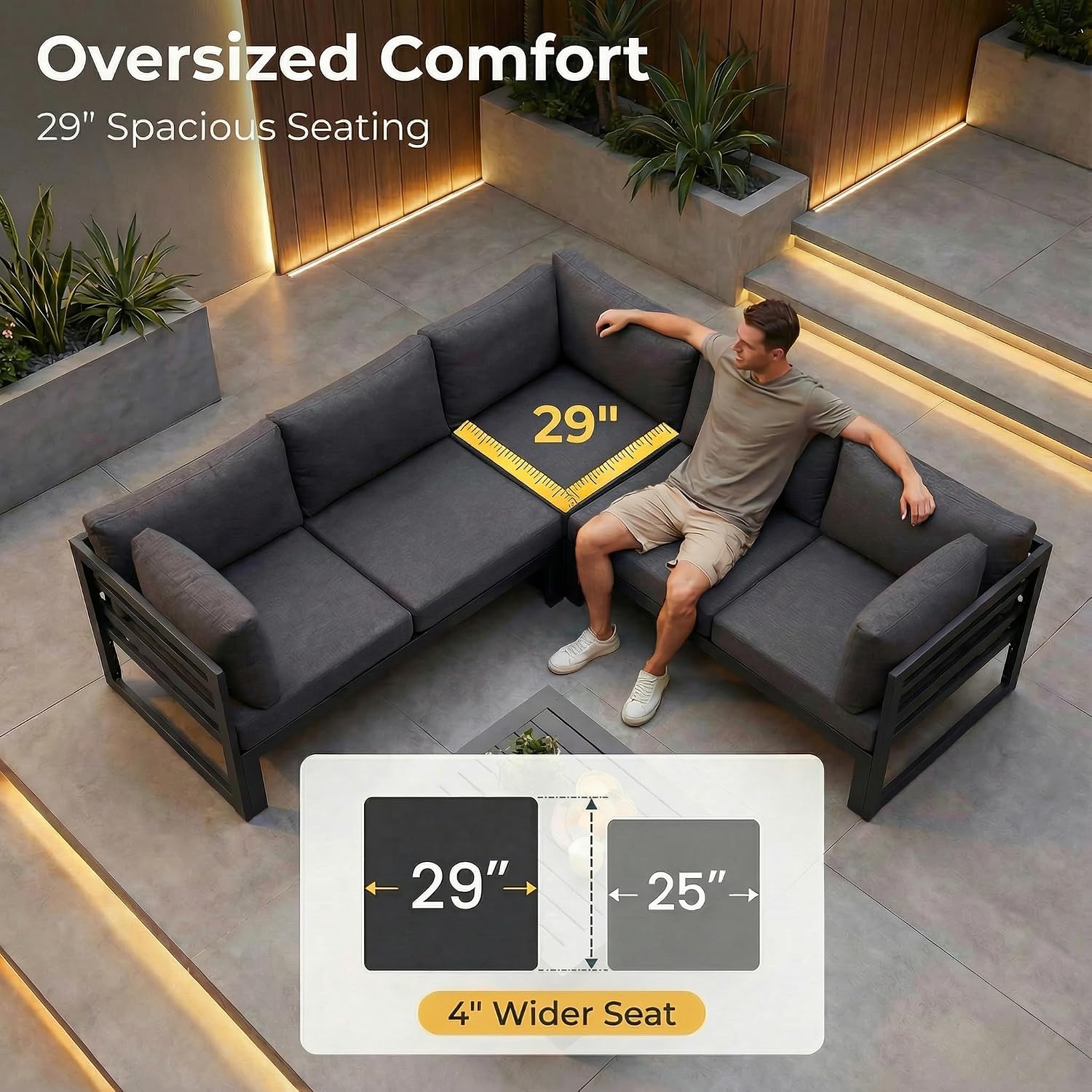NICESOUL 8 Piece Modern Aluminum Patio Furniture Set Deep Seated, Extra Wide Modular Outdoor Sectional for 6 People, 500 lbs Heavy Duty L-Shaped Oversized Sofa Couch for Outside Backyard, Ember Black