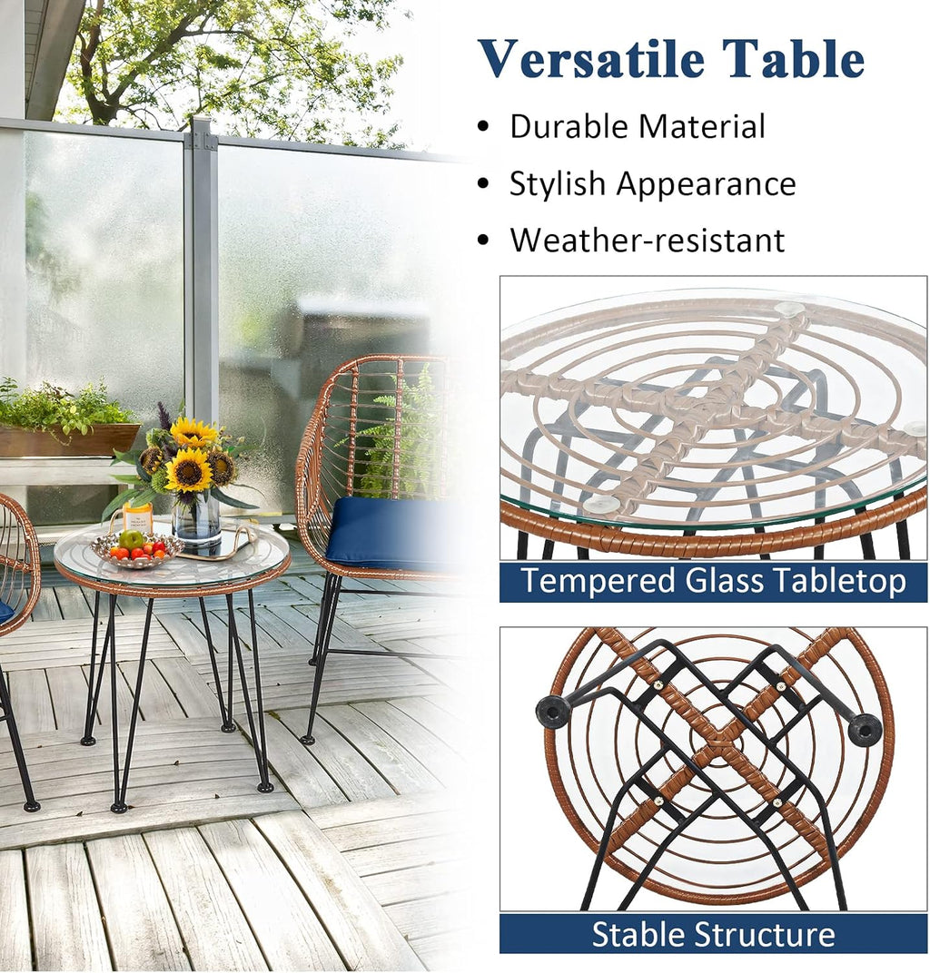 COSTWAY 3 Pieces Patio Bistro Set, Outdoor Rattan Conversation Seating Chair Set with Coffee Table & Soft Cushions, Indoor Wicker Furniture Set for Garden, Balcony, Porch, Pool, Navy