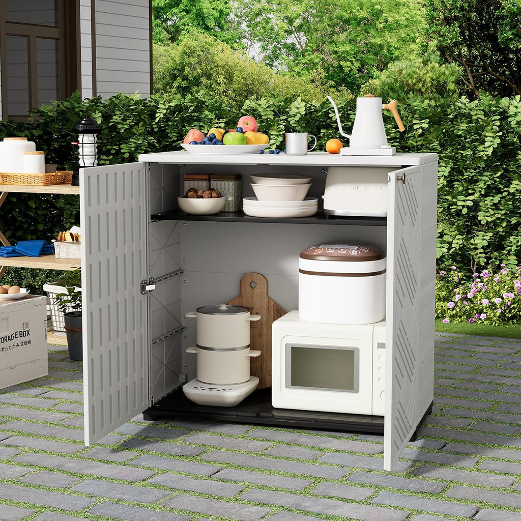 HOMSPARK Indoor/Outdoor Storage Cabinet with Doors and 1 Shelf, 34'x15'x34' HDPE Plastic Storage Box for Patio, Garden, Enterway, Balcony, Multi-Purpose for Daily Tools, White