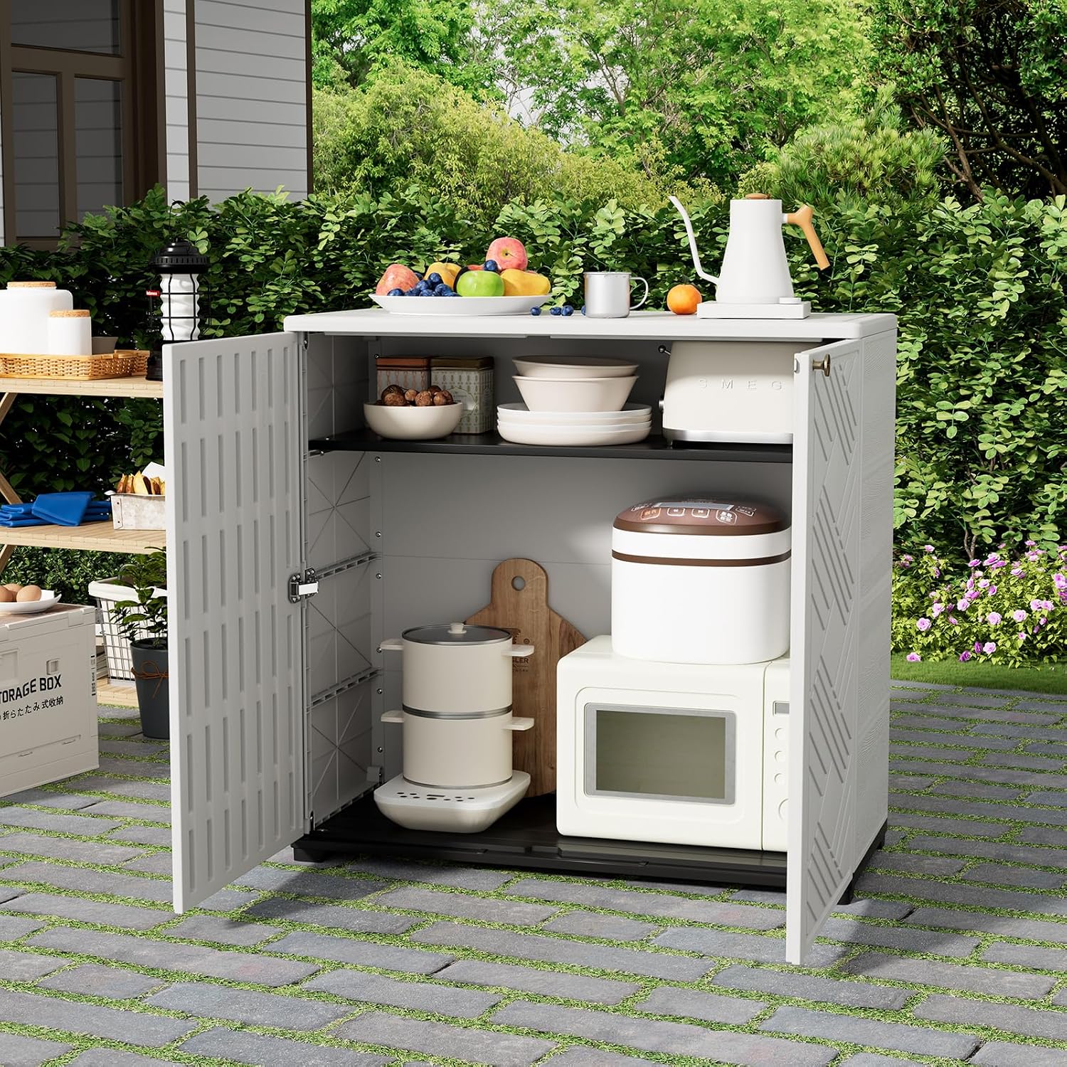 HOMSPARK Indoor/Outdoor Storage Cabinet with Doors and 1 Shelf, 34'x15'x34' HDPE Plastic Storage Box for Patio, Garden, Enterway, Balcony, Multi-Purpose for Daily Tools, White