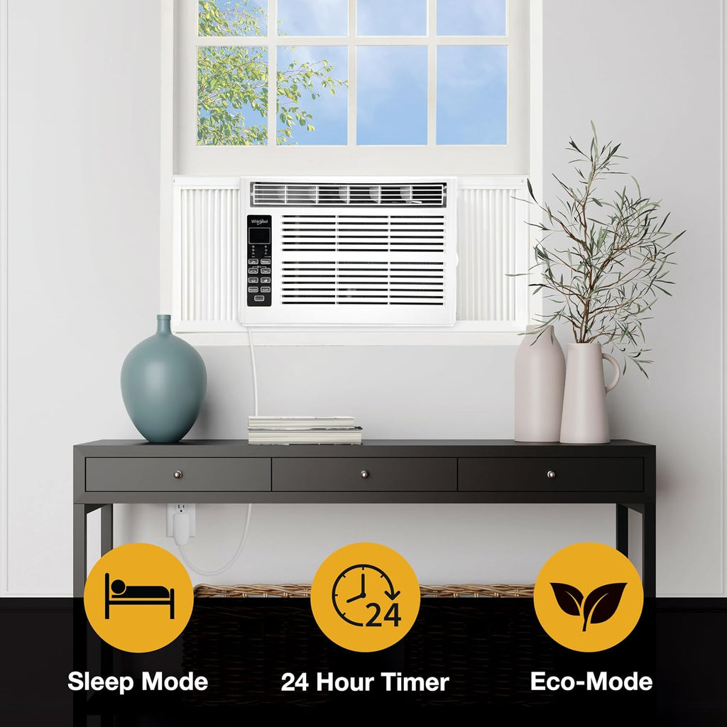 Whirlpool 6,000 BTU Window Air Conditioner with Dehumidifier, 115V, Window AC for Rooms up to 250 Sq. Ft., Living Room, Bedroom, or Kitchen, with Remote Control, Digital Display, and 24H-Timer, White