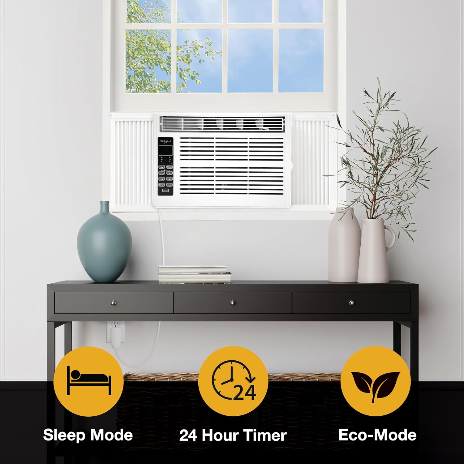 Whirlpool 6,000 BTU Window Air Conditioner with Dehumidifier, 115V, Window AC for Rooms up to 250 Sq. Ft., Living Room, Bedroom, or Kitchen, with Remote Control, Digital Display, and 24H-Timer, White