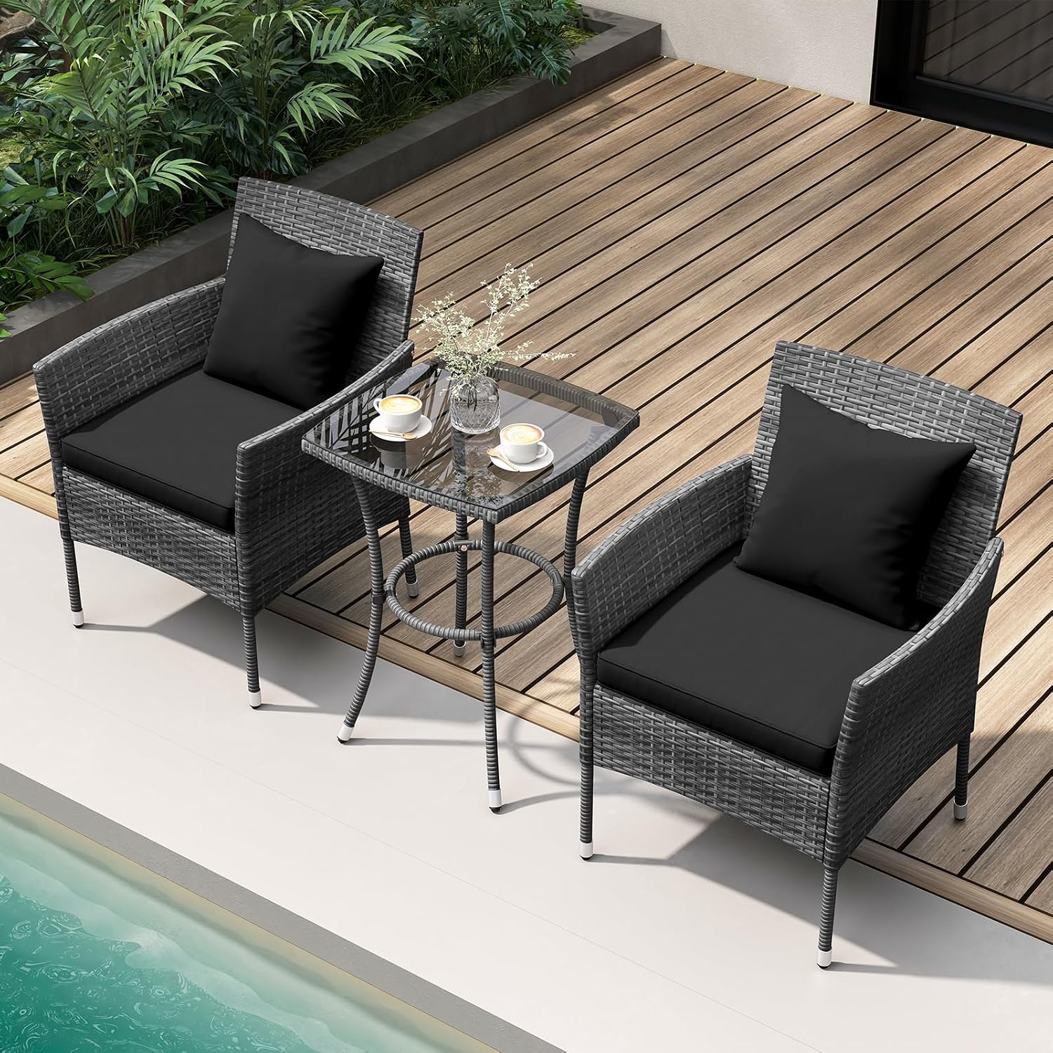RELAX4LIFE 3-Piece Patio Furniture Set - Rattan Wicker Outdoor Furniture w/Cushions & Tempered Glass Coffee Table, Small Conversation Bistro Table and Chairs Set of 2 for Garden Porch Balcony (Black)