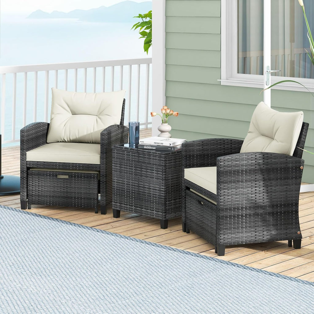 ORALNER 5 Pieces Patio Furniture Set with Ottoman, Wicker Conversation Set w/Cushions, Glass Coffee Table, Outdoor Lounger Rattan Chairs Bistro Set for Porch Balcony Garden Deck Poolside (White)