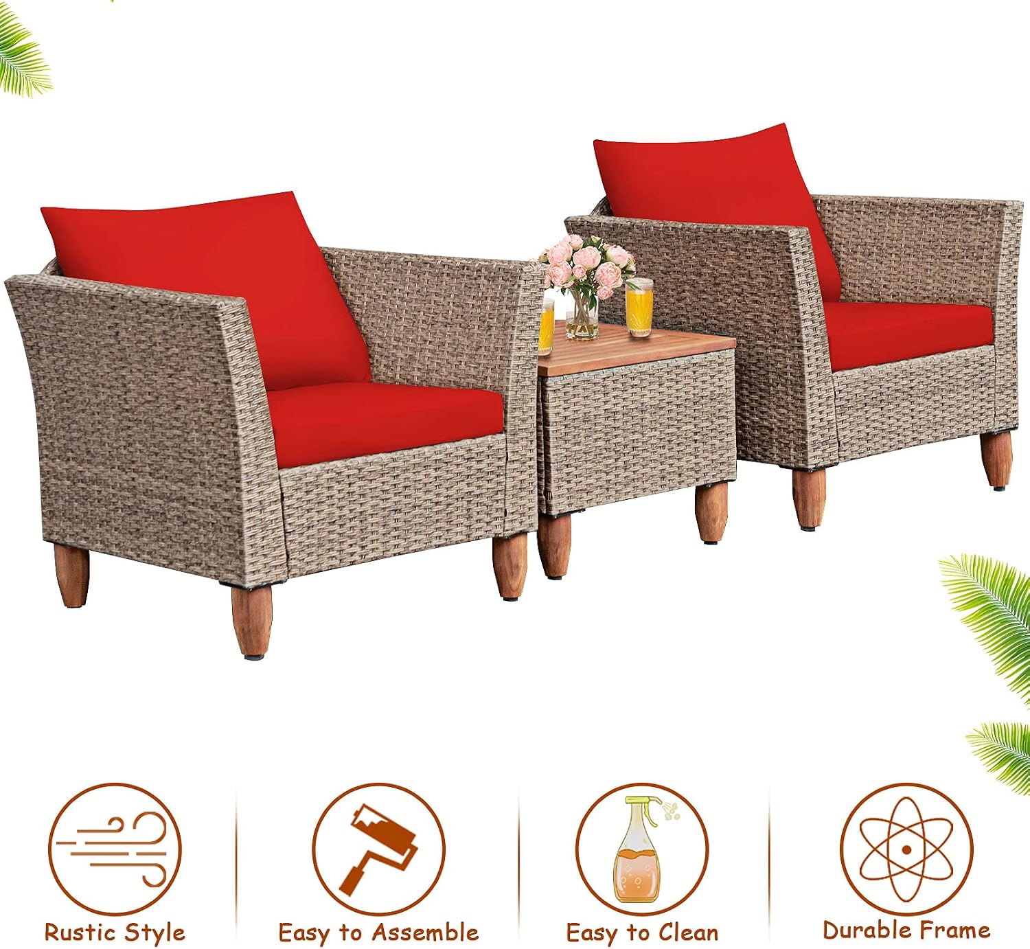 Tangkula 3 Piece Patio Furniture Set, Outdoor Wicker Rattan Bistro Sofa Set w/Washable Cushion, Acacia Wood Top Coffee Table, Conversation Set w/Adjustable Feet for Balcony Backyard Porch (Red)
