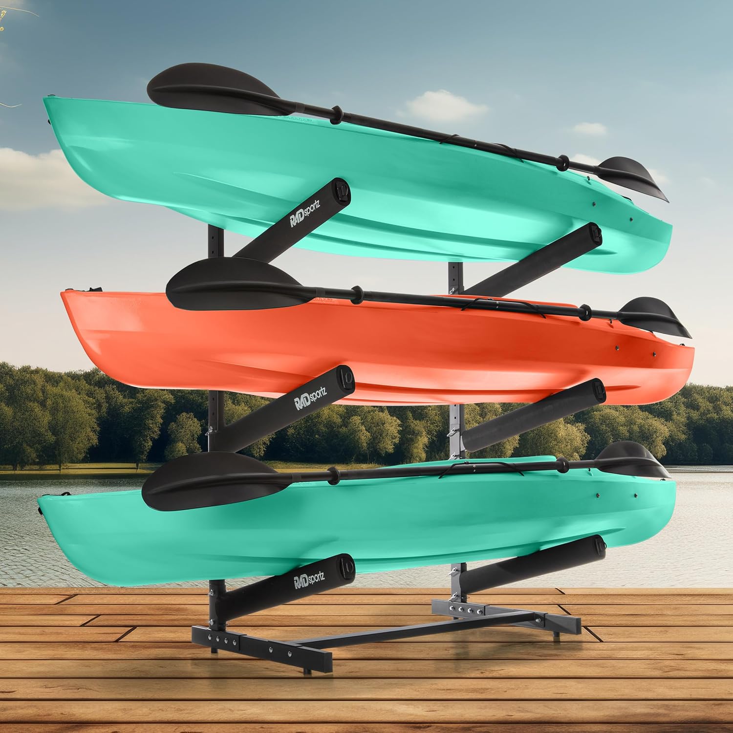 RAD Sportz Freestanding Kayak Storage Rack – Heavy Duty Adjustable Multi-Level Stand with Padded Arms for Kayaks, Canoes & Paddleboards (2, 3 or 4 Tier, Indoor/Outdoor Garage Organizer)
