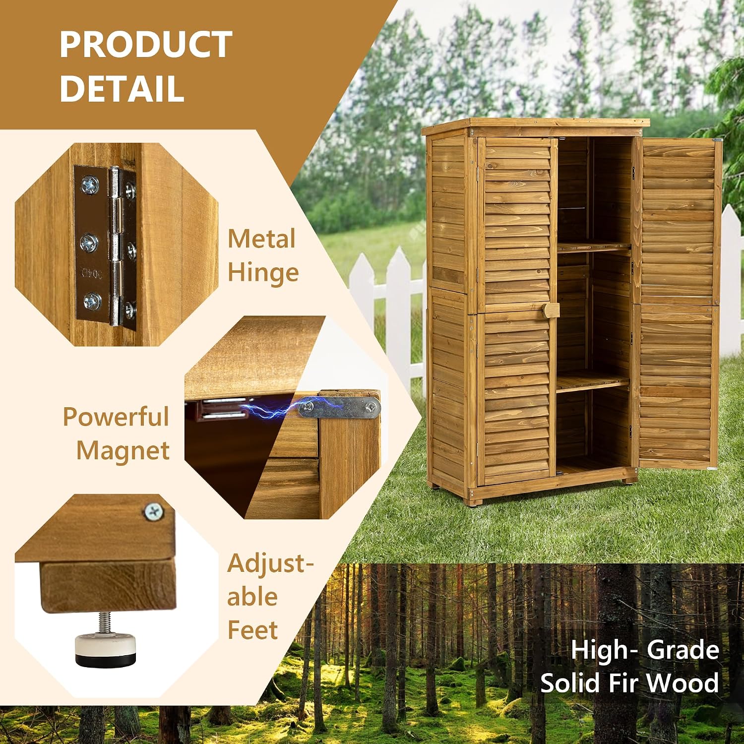 YOPTO Outdoor Wood Storage Cabinet,Garden Shed Tool with Lockable Door and Waterproof Roof,Backyard Building w/ 2 Removable Shelves & Adjustable Feet,for Lawn Patio,34.25' L x 18.5' W x 63' H,Natural