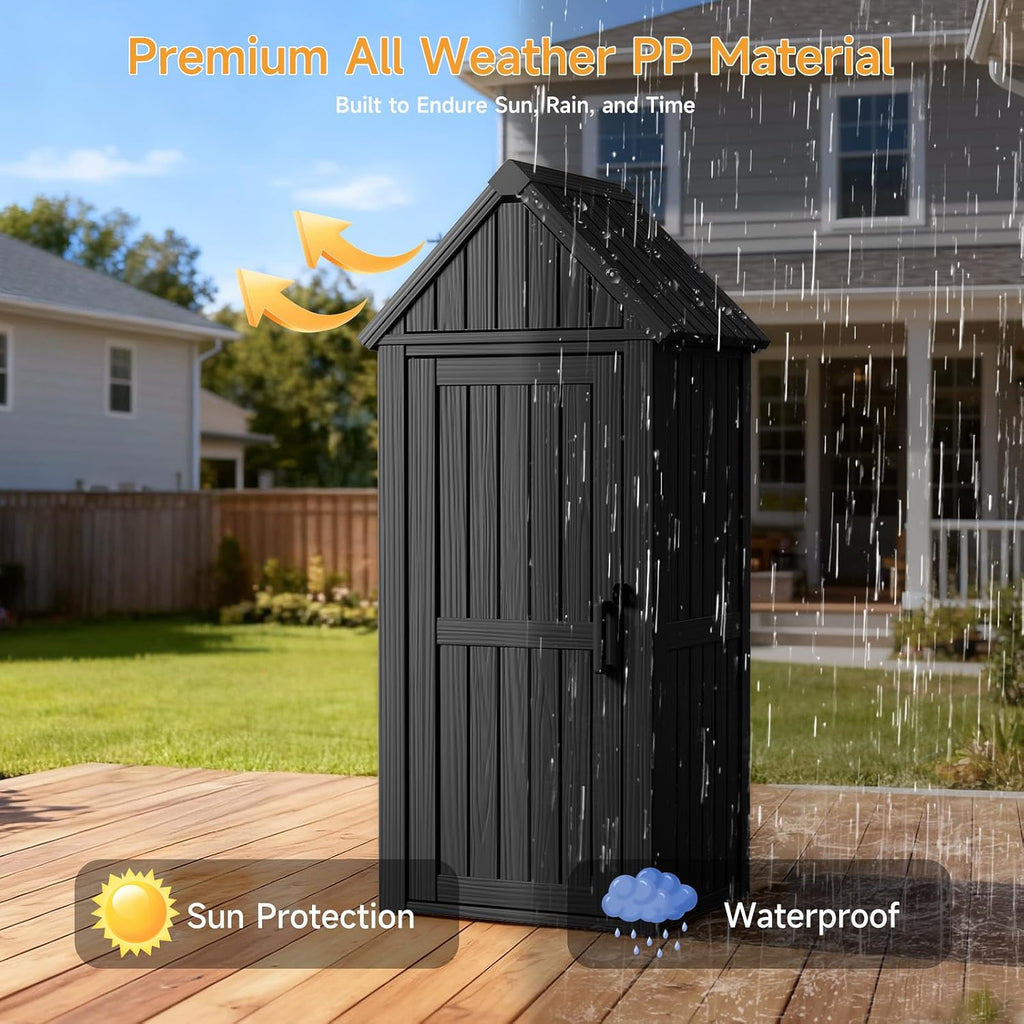 Outdoor Resin Storage Shed, Outdoor Storage Cabinet Waterproof with Hooks and Lock Ring, Multifunctional Storage Shed with Floor and Removable Shelves, All Weather Tool Shed for Patio, Lawn, Gray