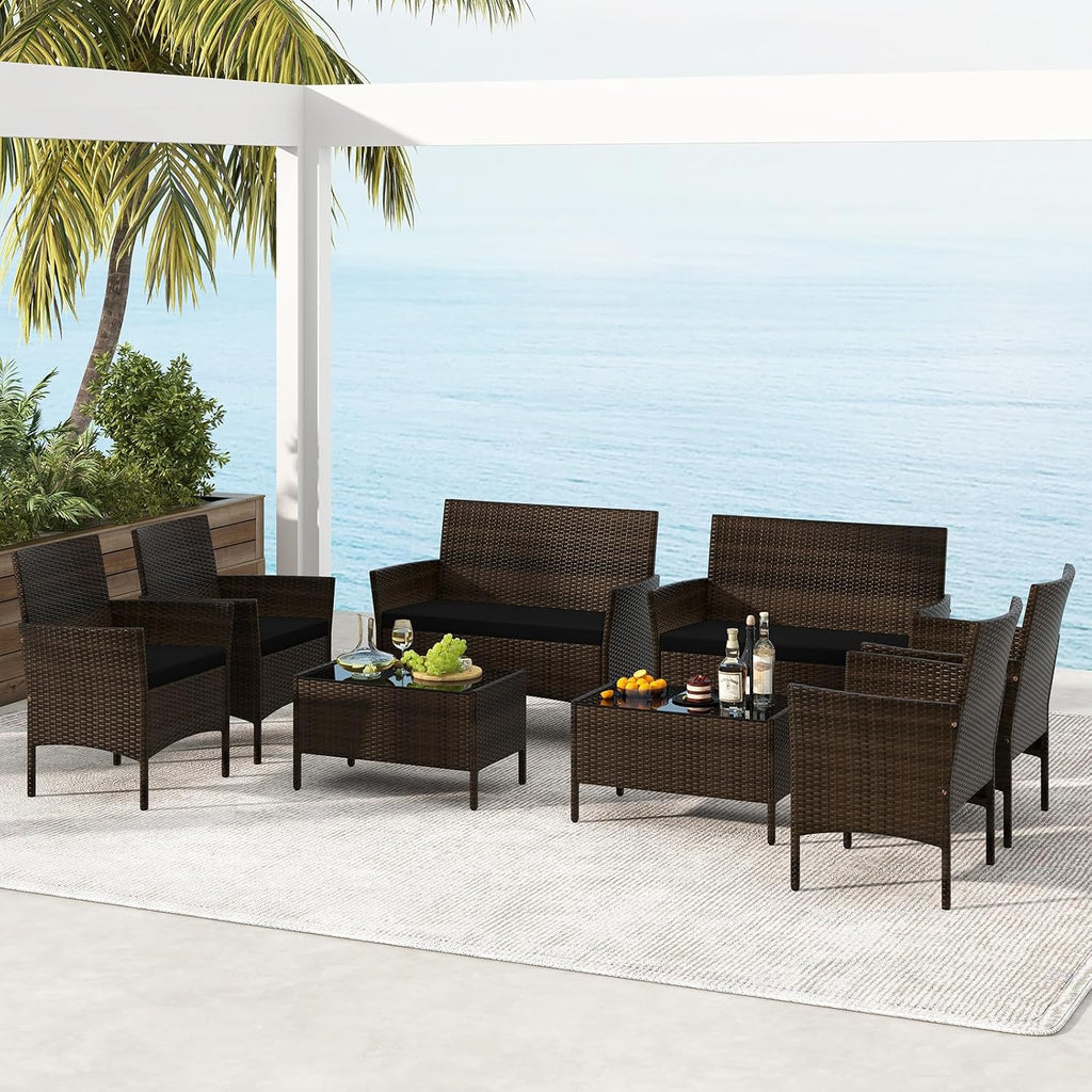 Tangkula 8 Piece Patio Rattan Conversation Set, Outdoor Wicker Furniture Set with Chair, Loveseat & Tempered Glass Table, Cozy Seat Cushions, Outside Sectional Sofa Set for Backyard, Porch (1,Black)