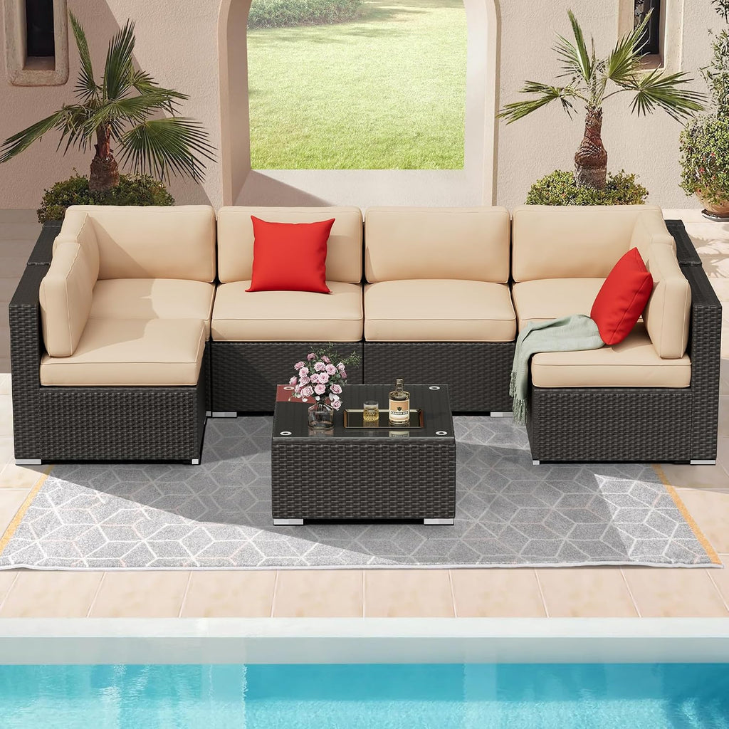Incbruce 7-Piece Patio Furniture Set, All-Weather Conversation Set, PE Wicker Rattan Outdoor Sectional Couch with Glasstop Table and Removable Cushions (Brown)