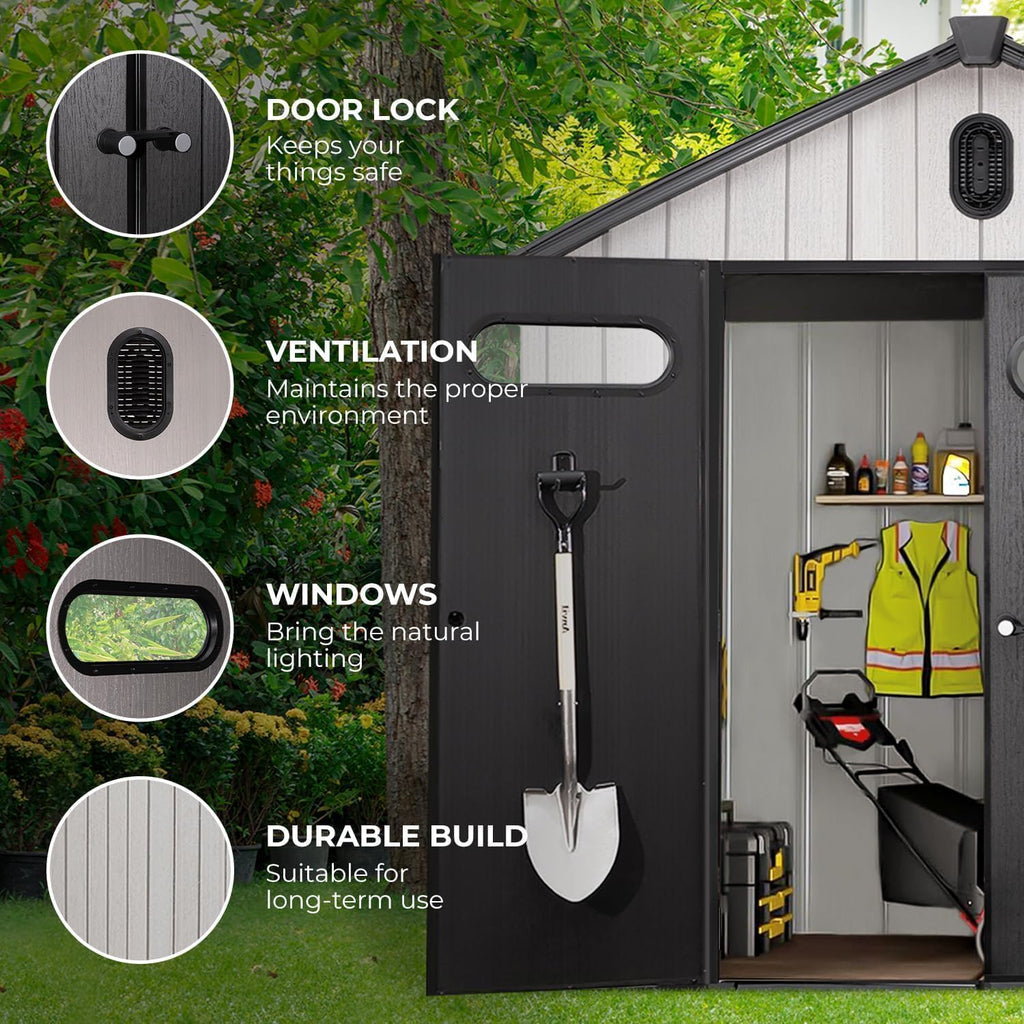 EconoHome 8x8 Ft Outdoor Storage Shed with Floor - Waterproof Shed with Lockable Door for Garden - Backyard, Tool Storage Use - Grey