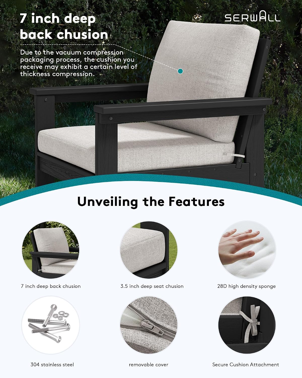 SERWALL HDPE Patio Sofa Set, 3-piece Sectional Outdoor Furniture Set, All Weather Outdoor Couch Set Patio Furniture Set for Deck, Lawn, Black Frame with Khaki Cushion