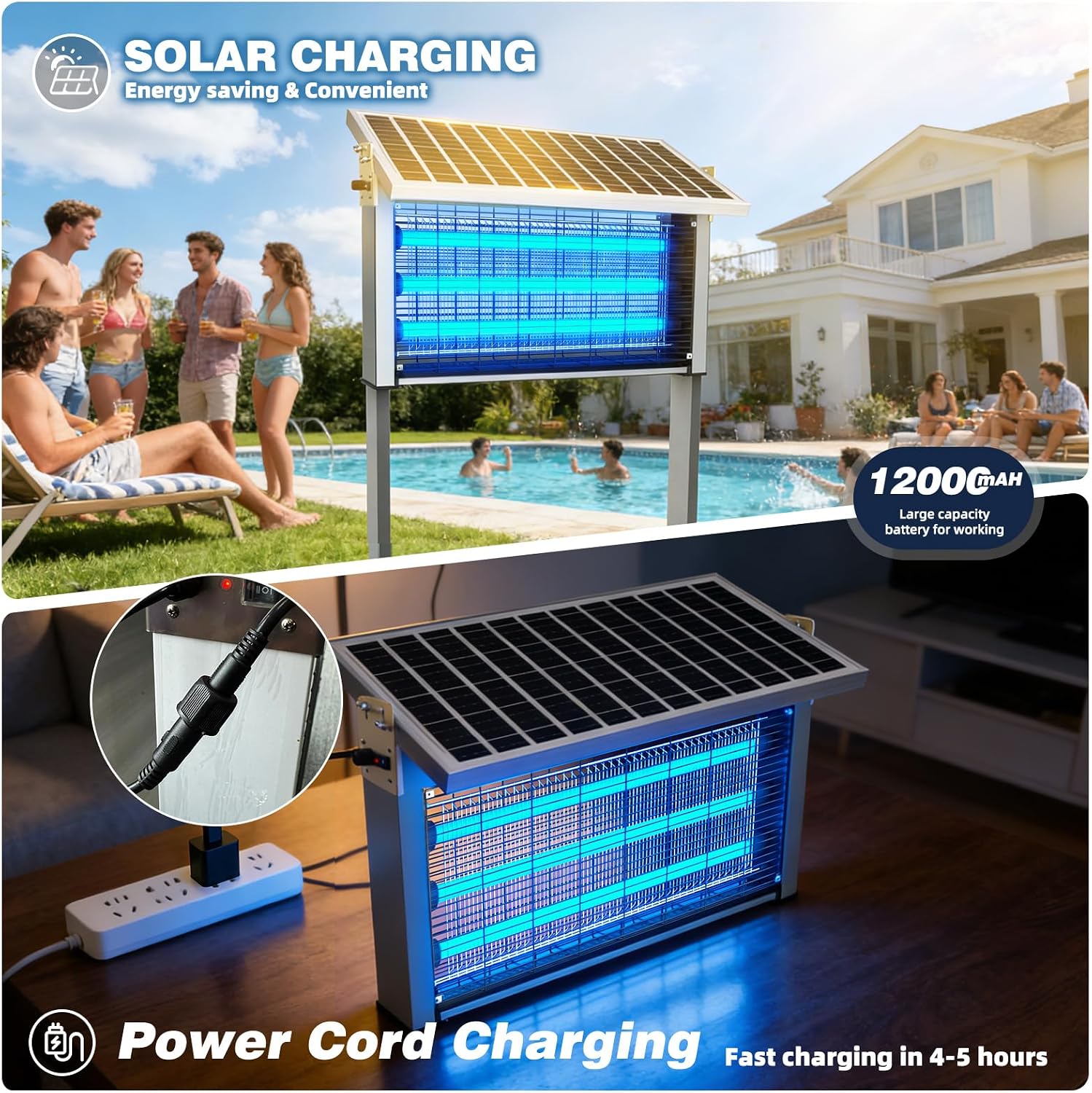 Powerful Large Solar Bug Zapper Outdoor for 1/2 Acre, Poartable Rechargeable Mosquito Zapper with High Powered, Cordless Solar Fly Zapper for Patio Garden Backyard Farm Pest Control