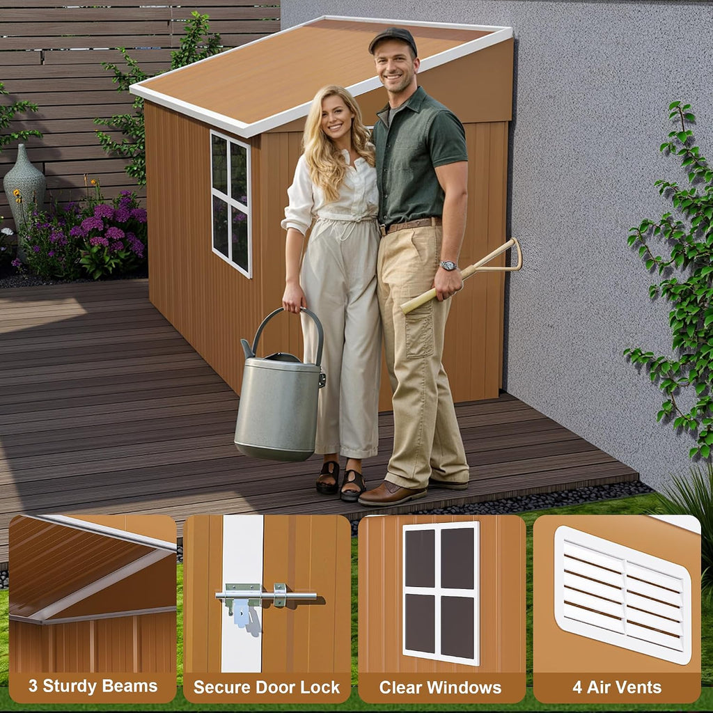 YOPTO 8x4 FT Sheds & Outdoor Storage,Heavy-Duty Metal Steel Shed with Windows and Weatherproof Sloped Roof,Waterproof Tool Sheds w/Lockable Door & Ventilation,for Garden,Lawn,Brown