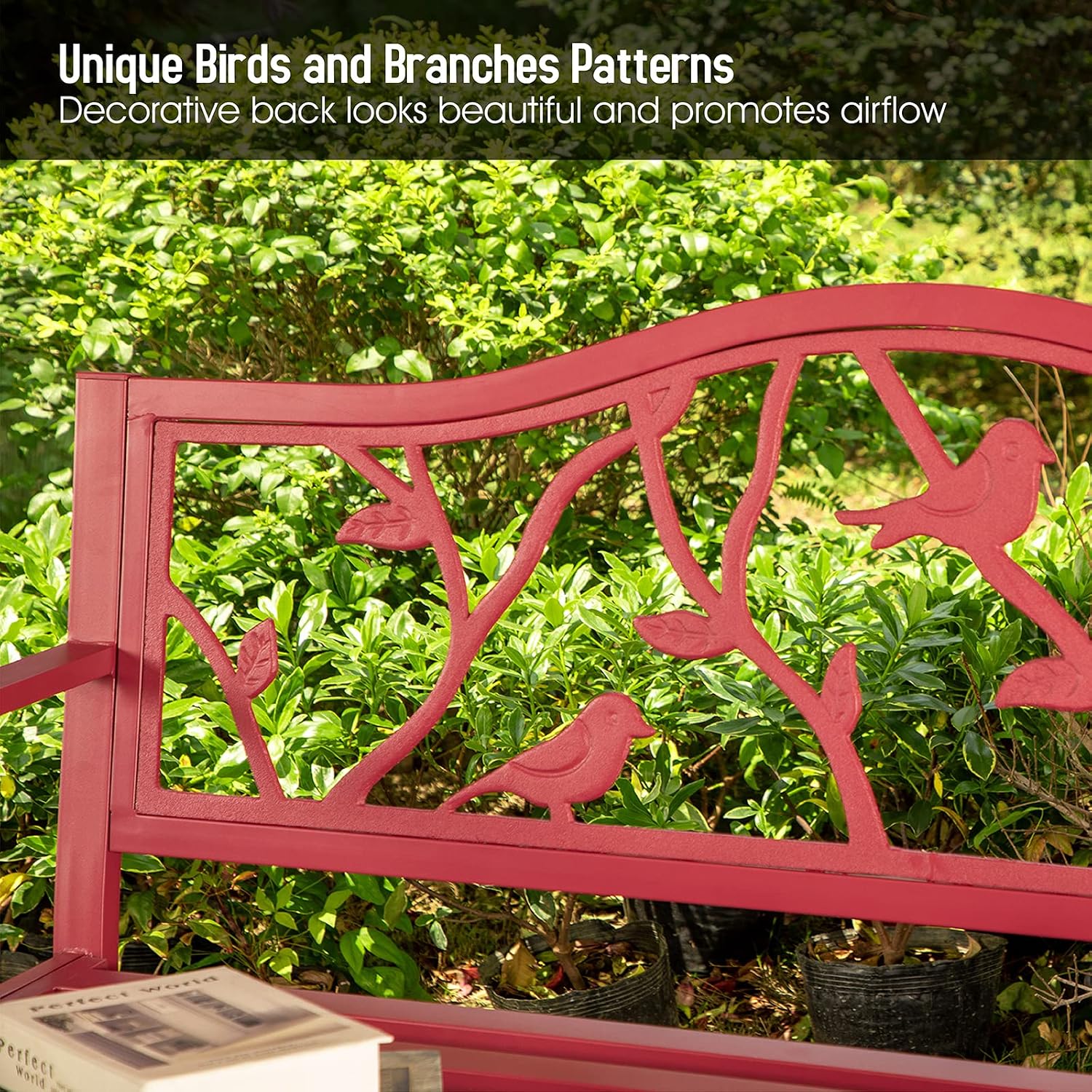 Sophia & William Outdoor Patio Metal Park Bench Red, Steel Frame Bench with Backrest and Armrests for Porch, Patio, Garden, Lawn, Balcony, Backyard and Indoor, 50.4'Wx23.5'D x35.0'H