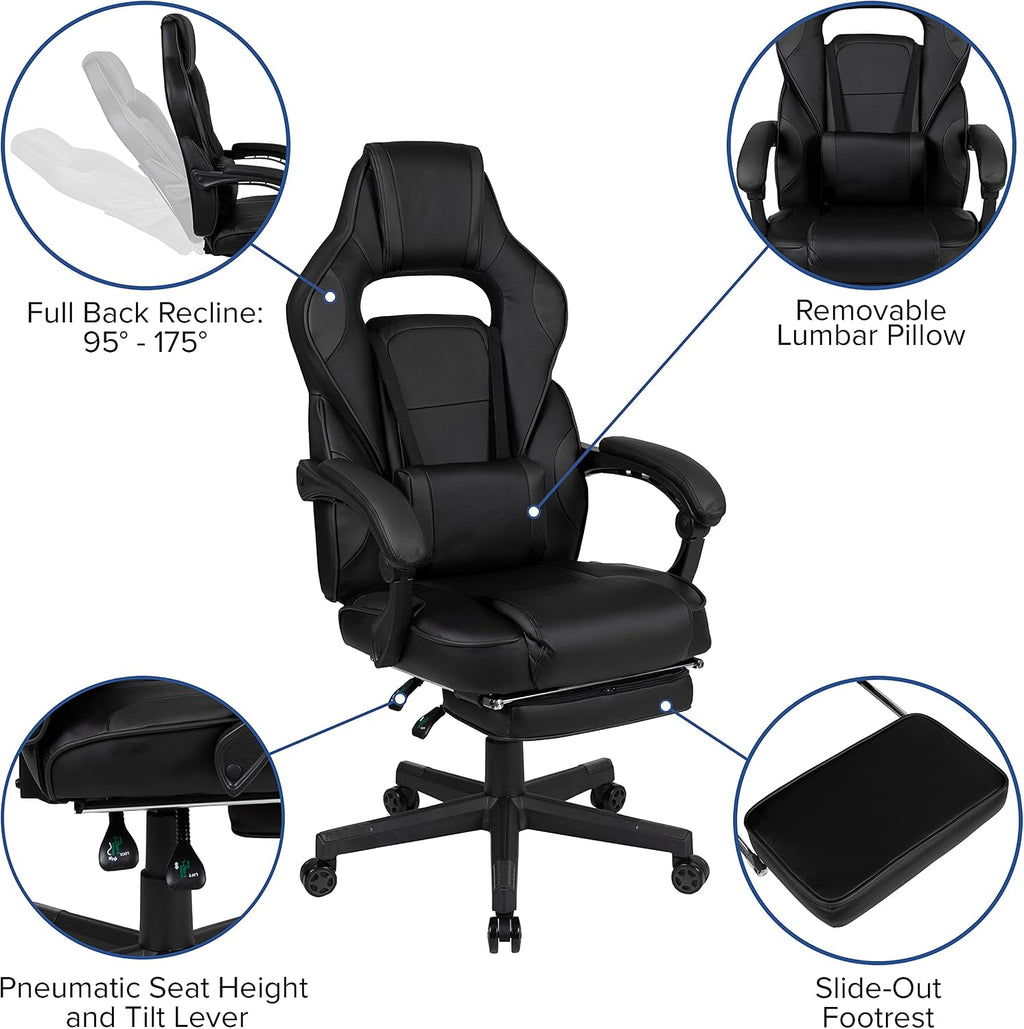 Flash Furniture X40 Gaming Chair Racing Ergonomic Computer Chair with Fully Reclining Back/Arms, Slide-Out Footrest, Massaging Lumbar - Black